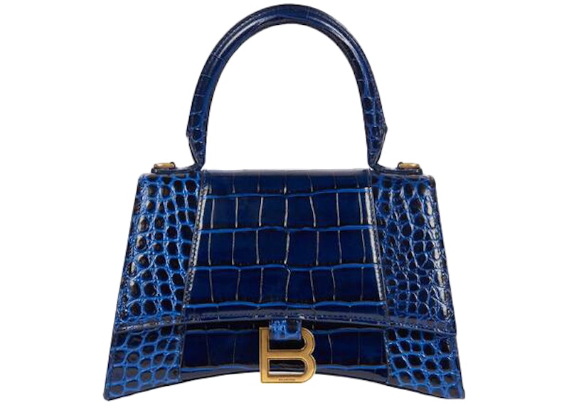 Balenciaga Hourglass Top Handle Bag Small Crocodile Embossed Navy One Size