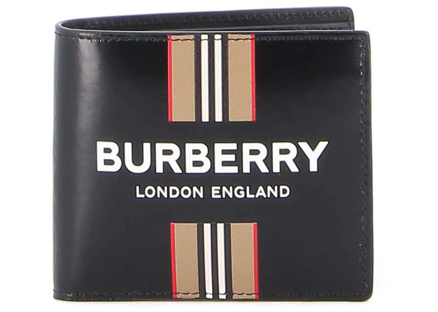 Burberry Bi-Fold Icon Stripe Leather Wallet Black One Size