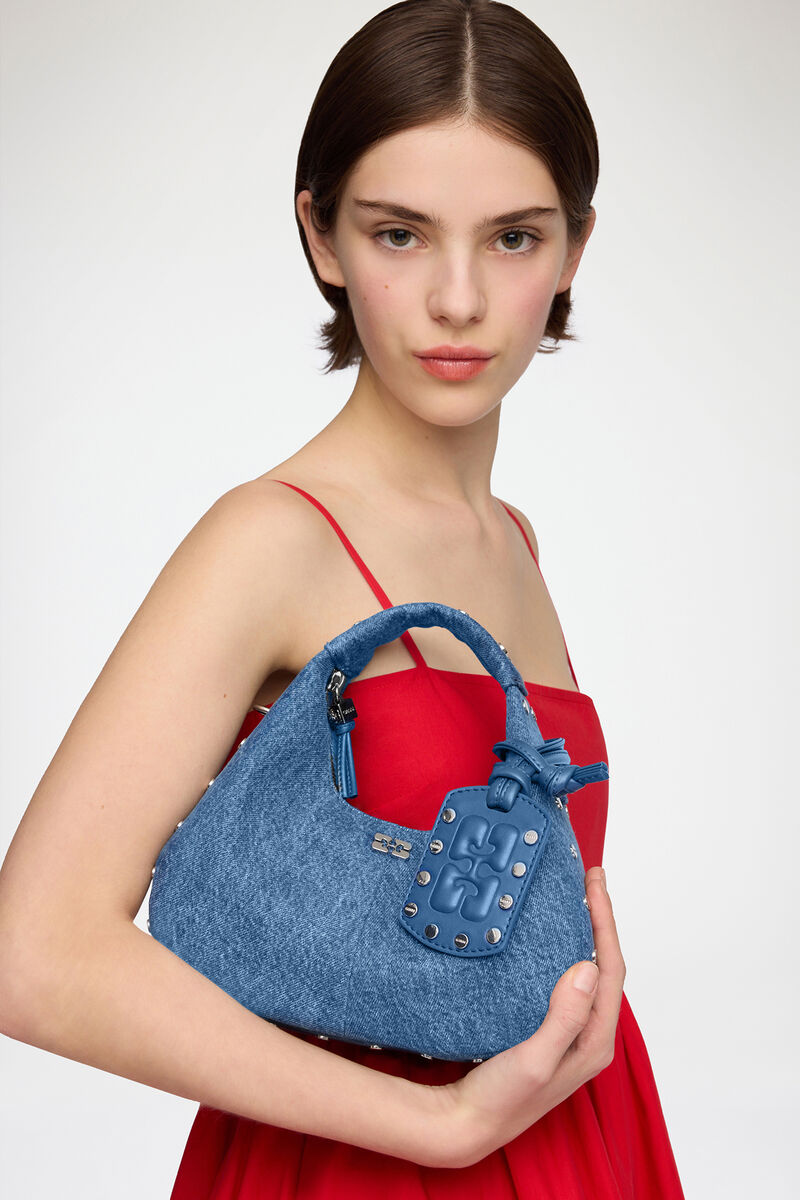 Ganni Mid Blue Vintage Mini Hobo Bag With Studs In Denim