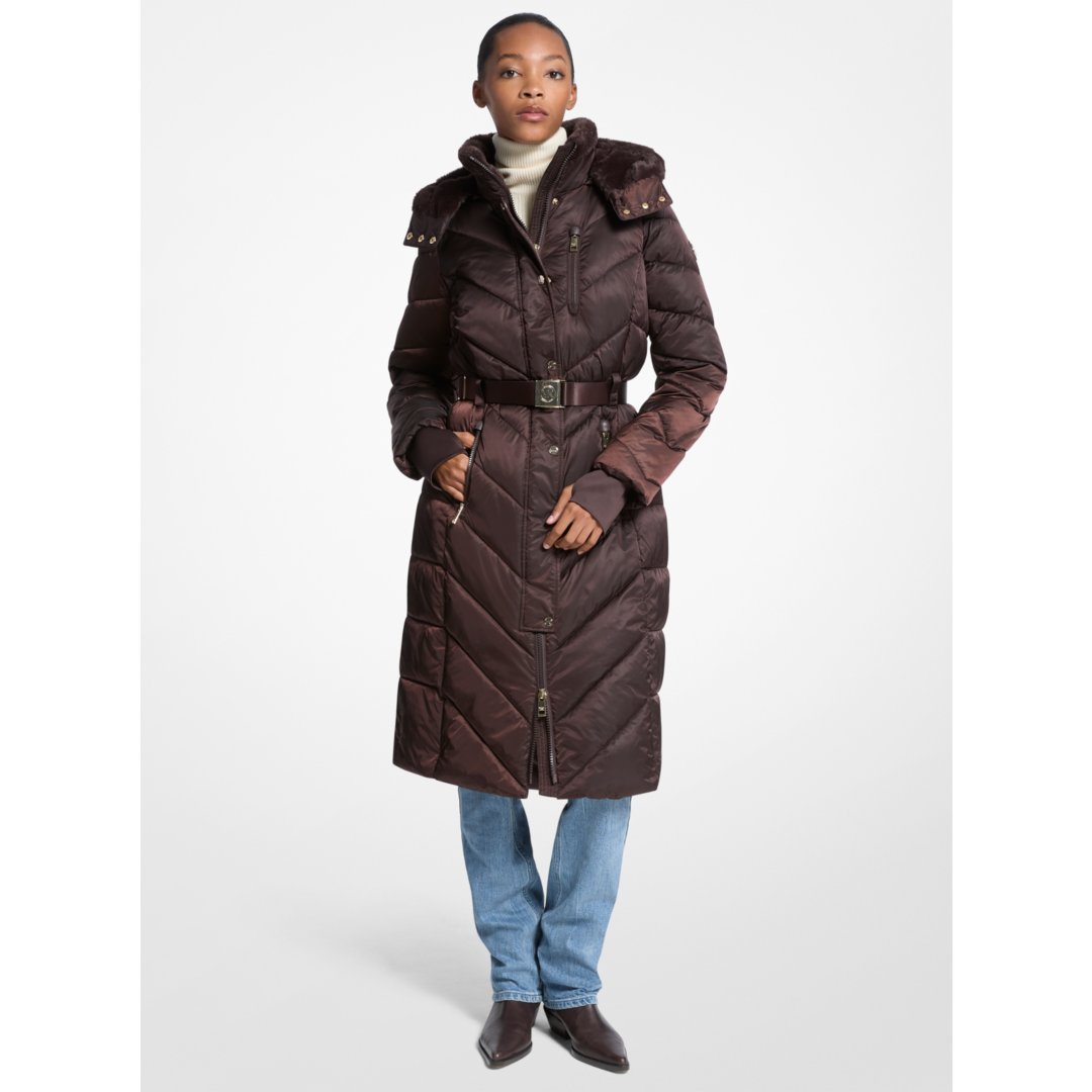 Michael Kors Faux Fur Trim Belted Puffer Coat CHOCOLATE