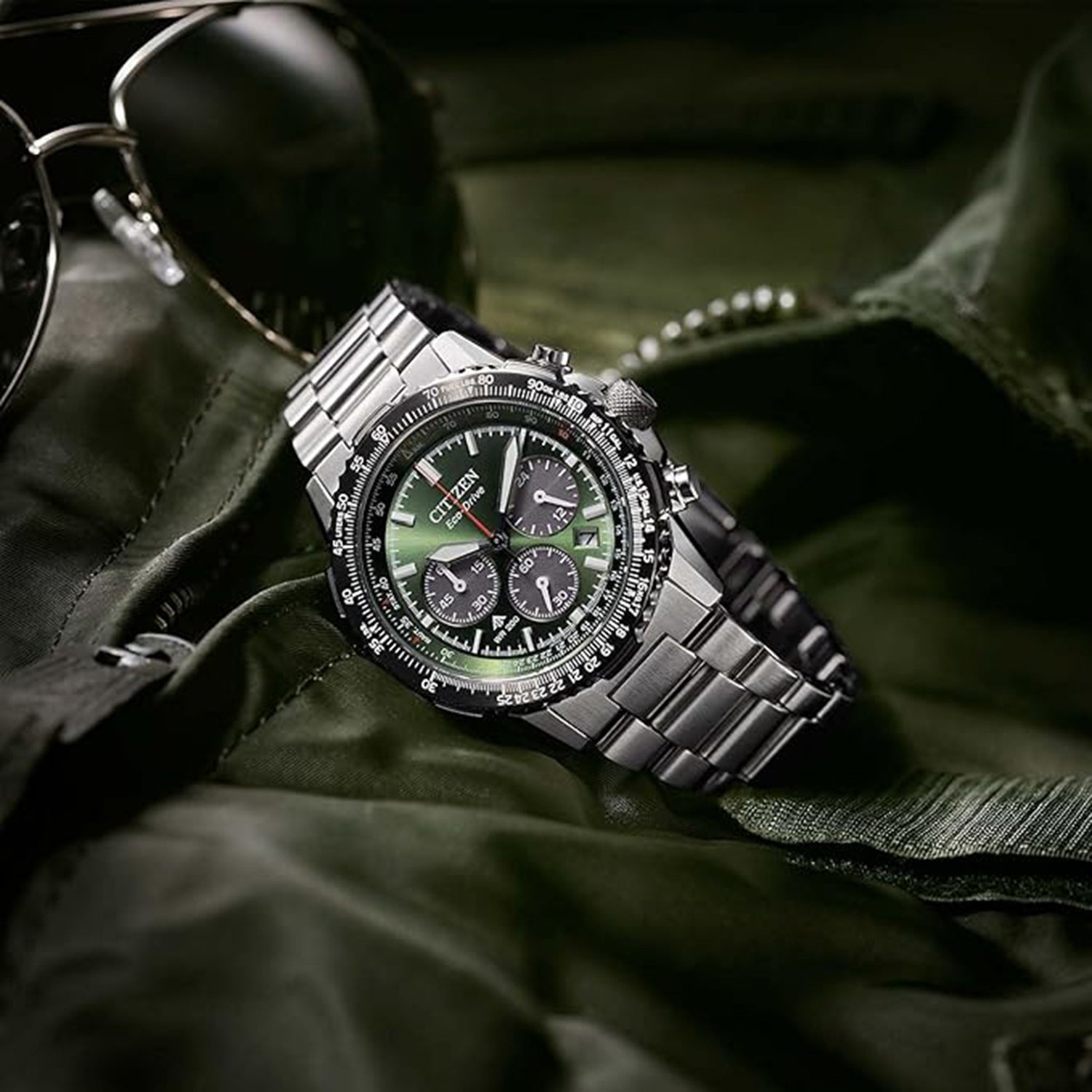Citizen Promaster Men Quartz Green Dial Chronograph Stainless Steel Watch Ca4664-60W
