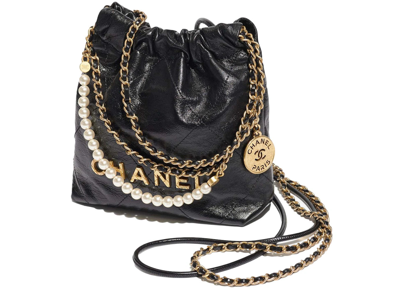 Chanel 22 Handbag Mini 23S Shiny Crumpled Calfskin Black With Pearl Chain