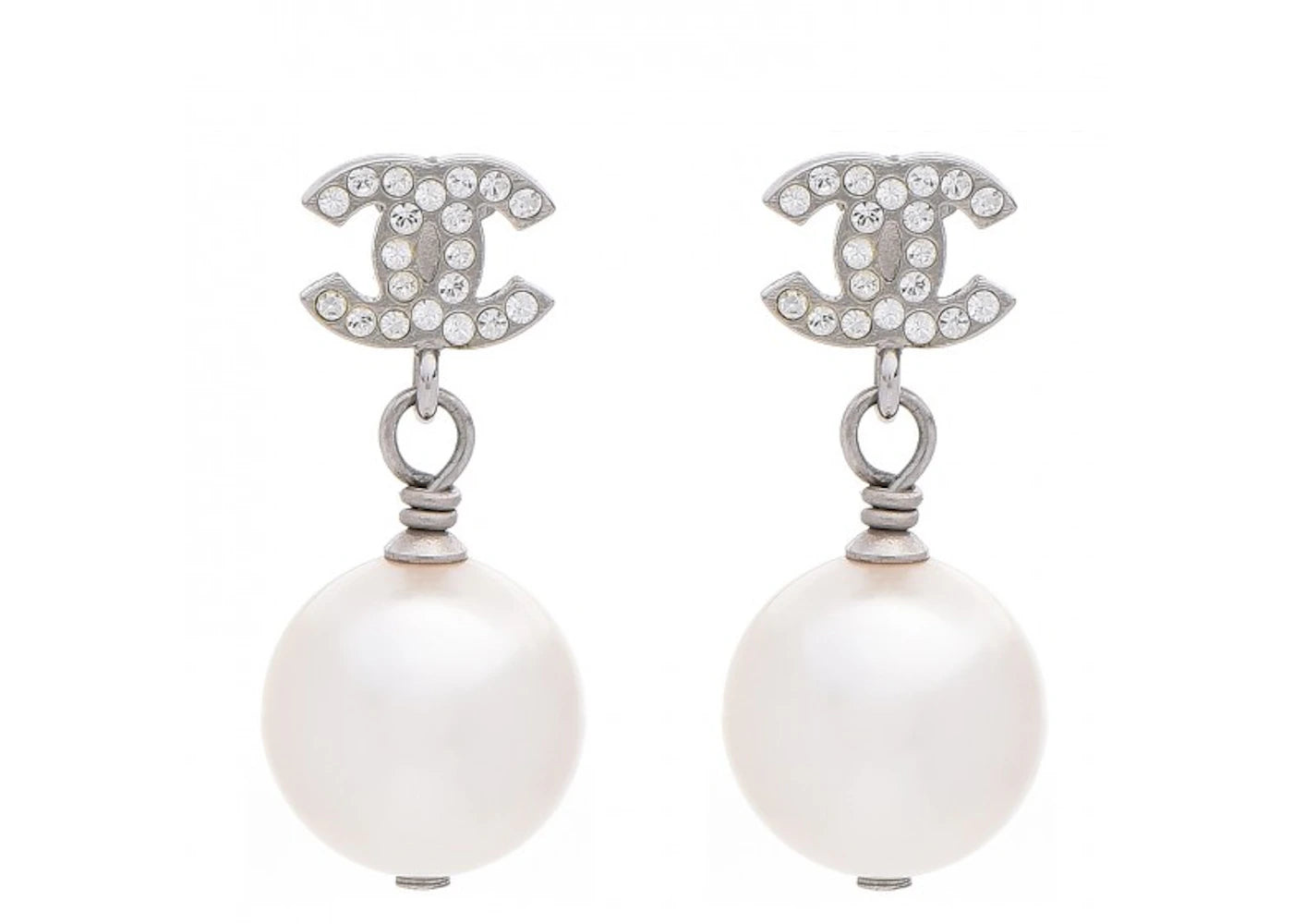 Chanel Cc Drop Earrings Crystal Pearl Silver