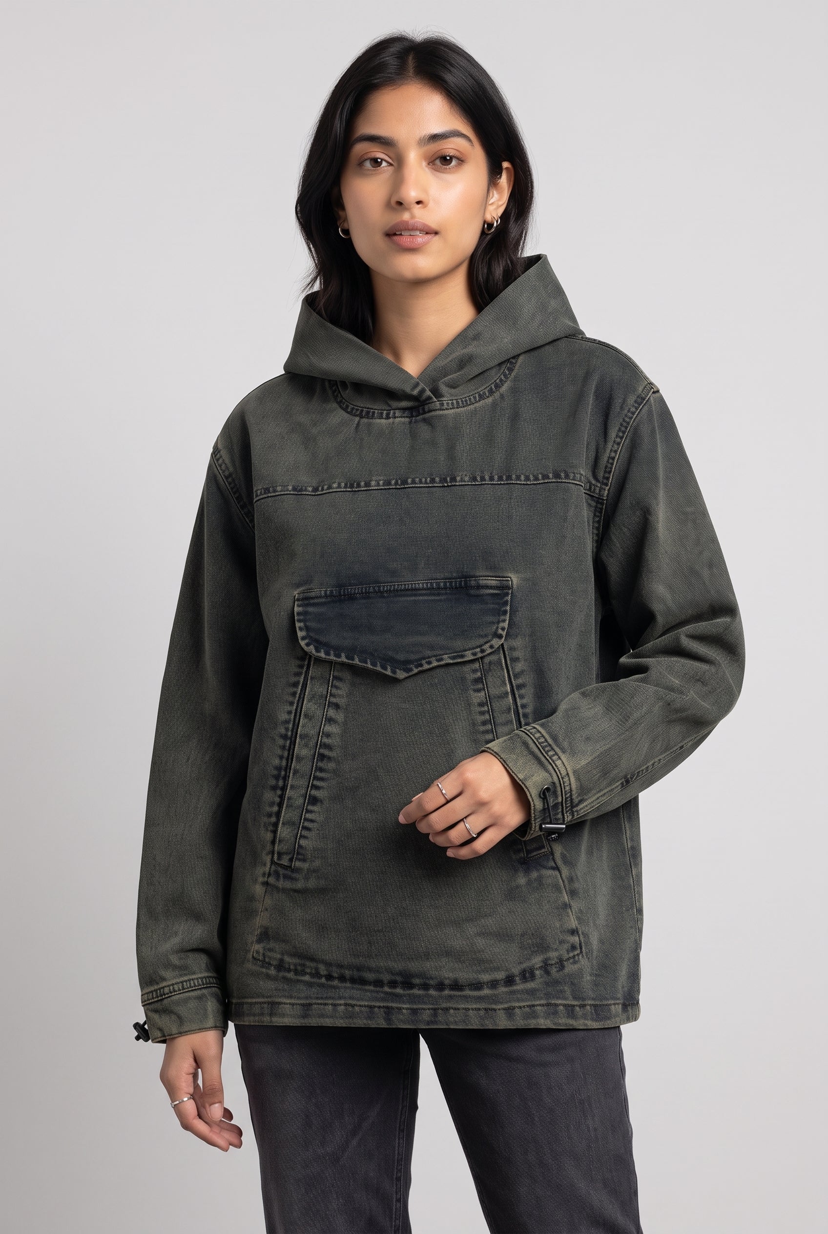 ACID WASH DENIM WOMEN'S HOODIE