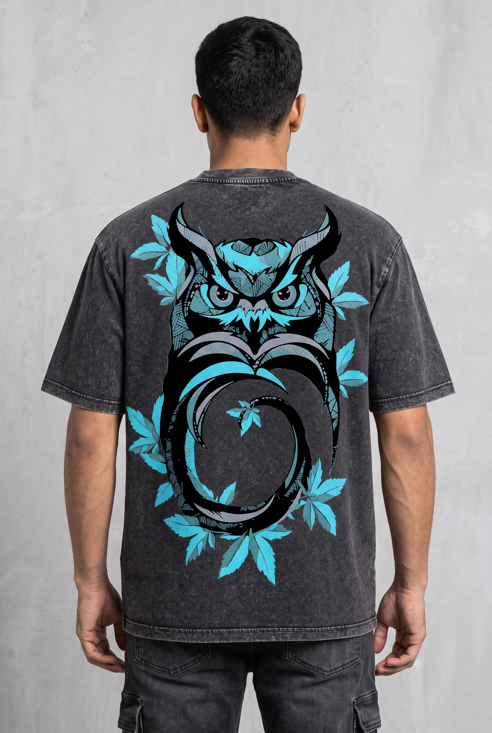 OWL VISION DARK GREY ACIDWASH MEN’S OVERSIZED T-SHIRT