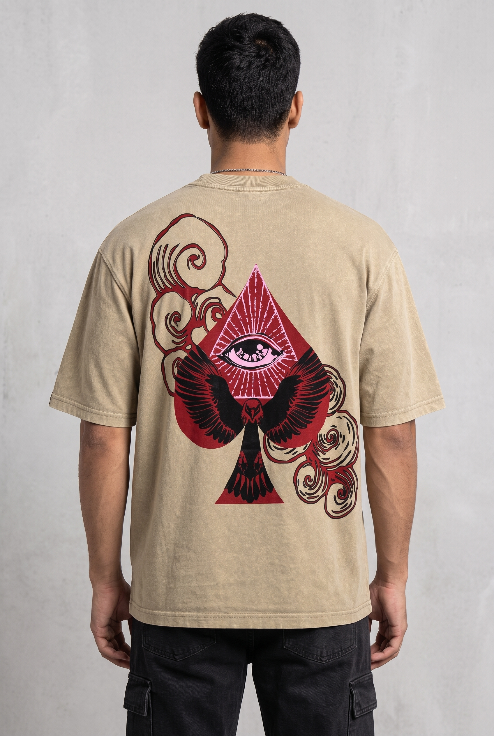 SPADE OF SECRETS BEIGE ACIDWASH MEN’S OVERSIZED T-SHIRT