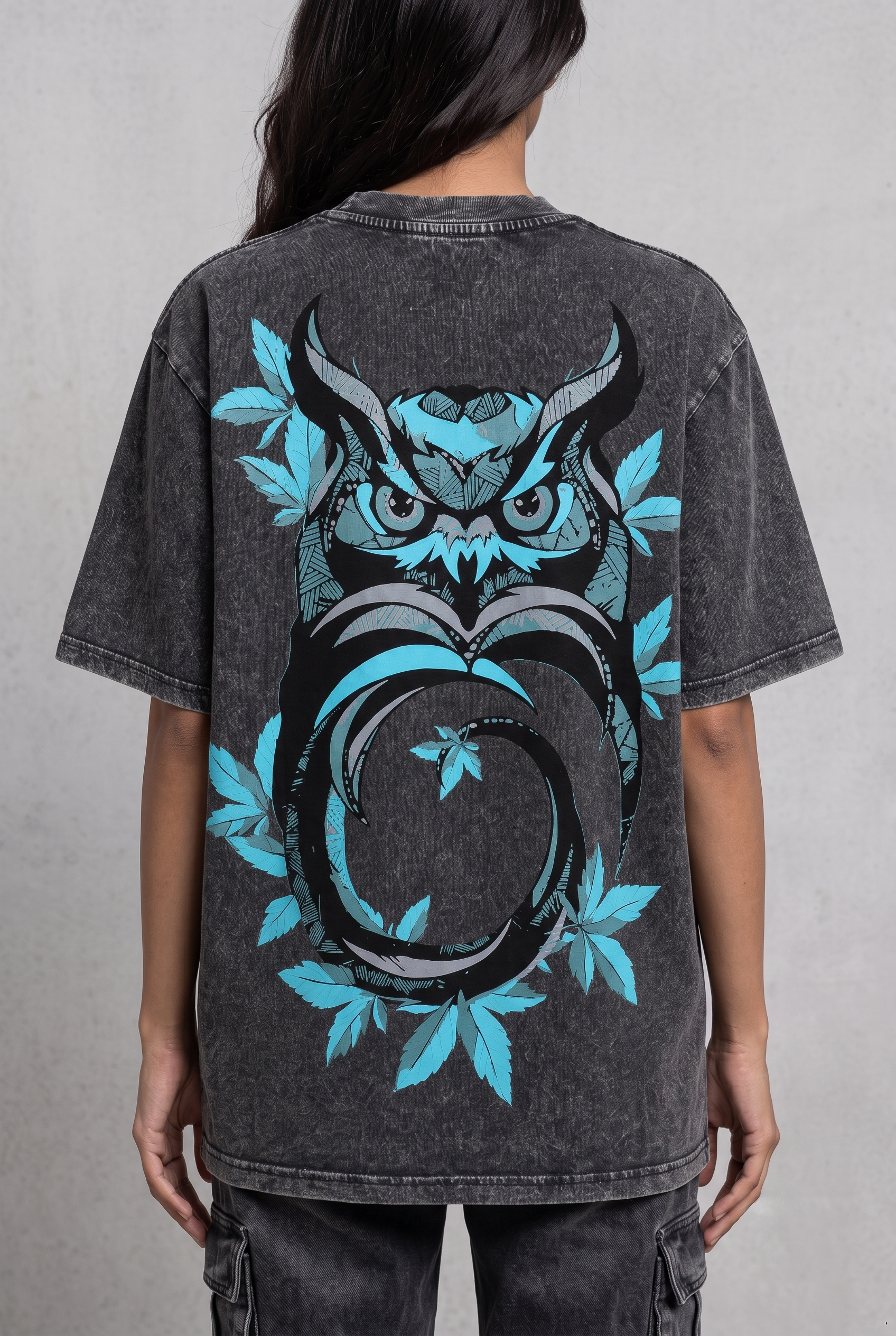 OWL VISION DARK GREY ACIDWASH WOMEN’S OVERSIZED T-SHIRT