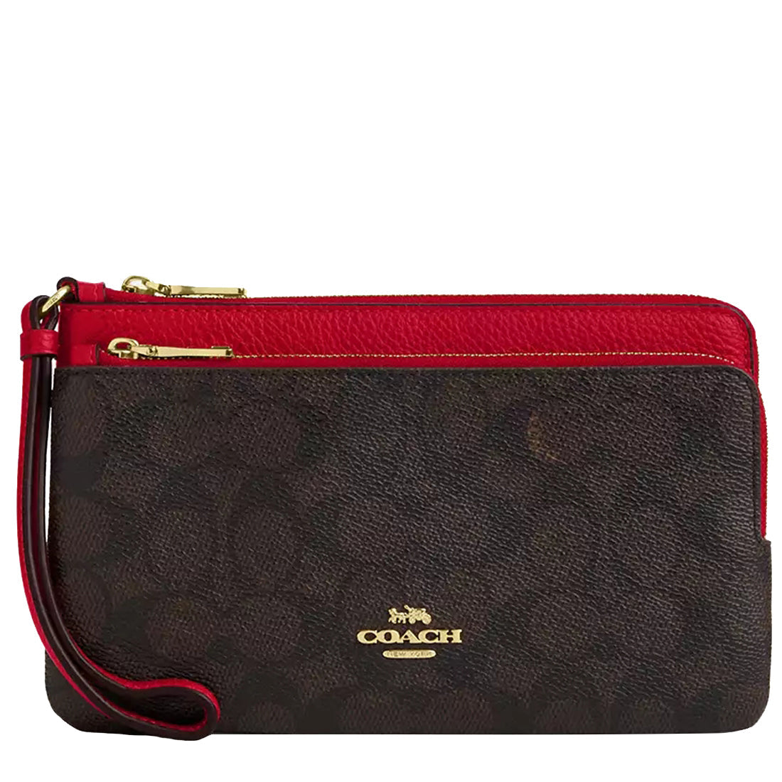 Coach Double Zip Wallet In Signature Canvas In Walnut Bold Red CX161