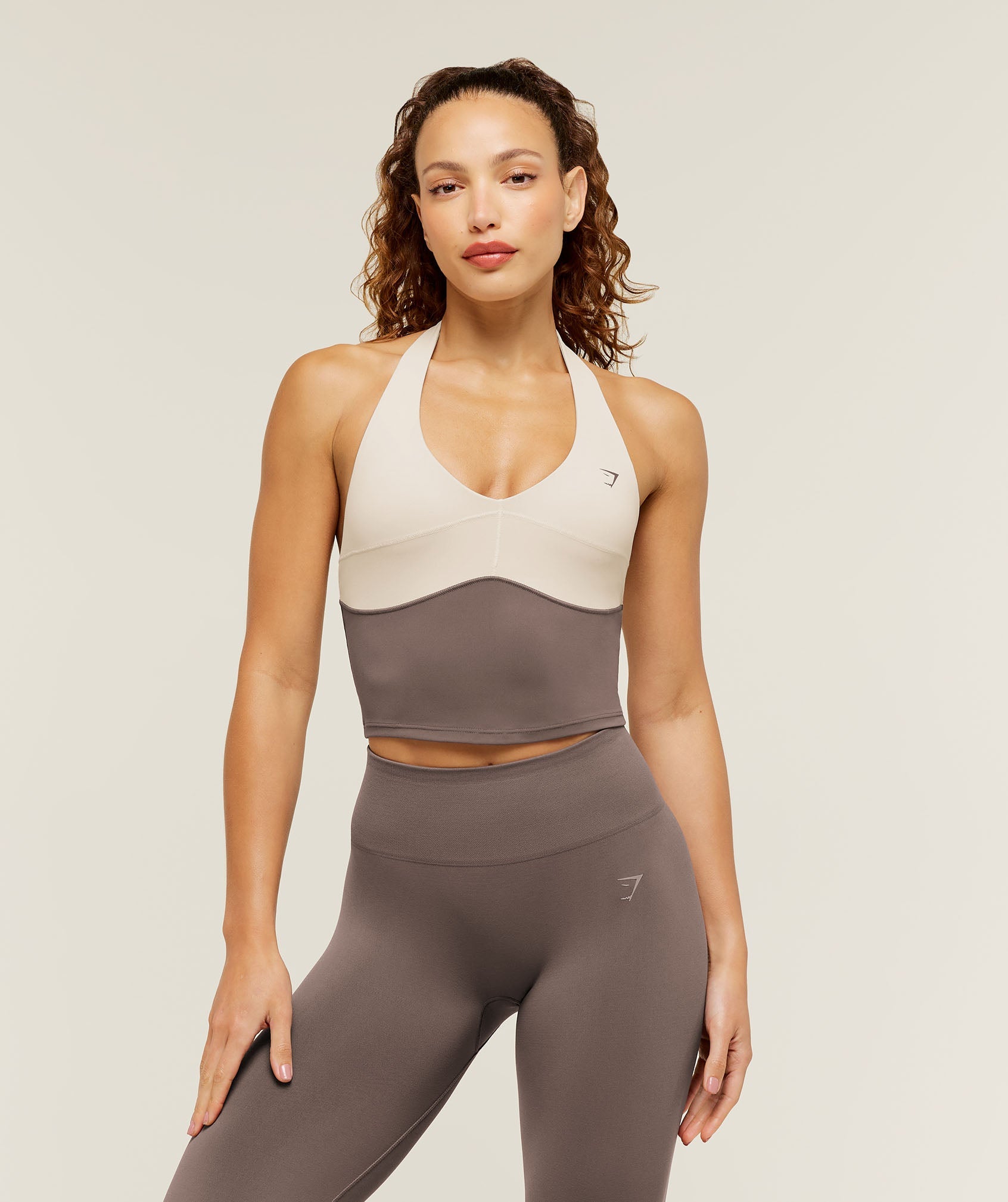 Women's Gymshark Colour Block Halter Neck Tank With Shelf Cool Brown
