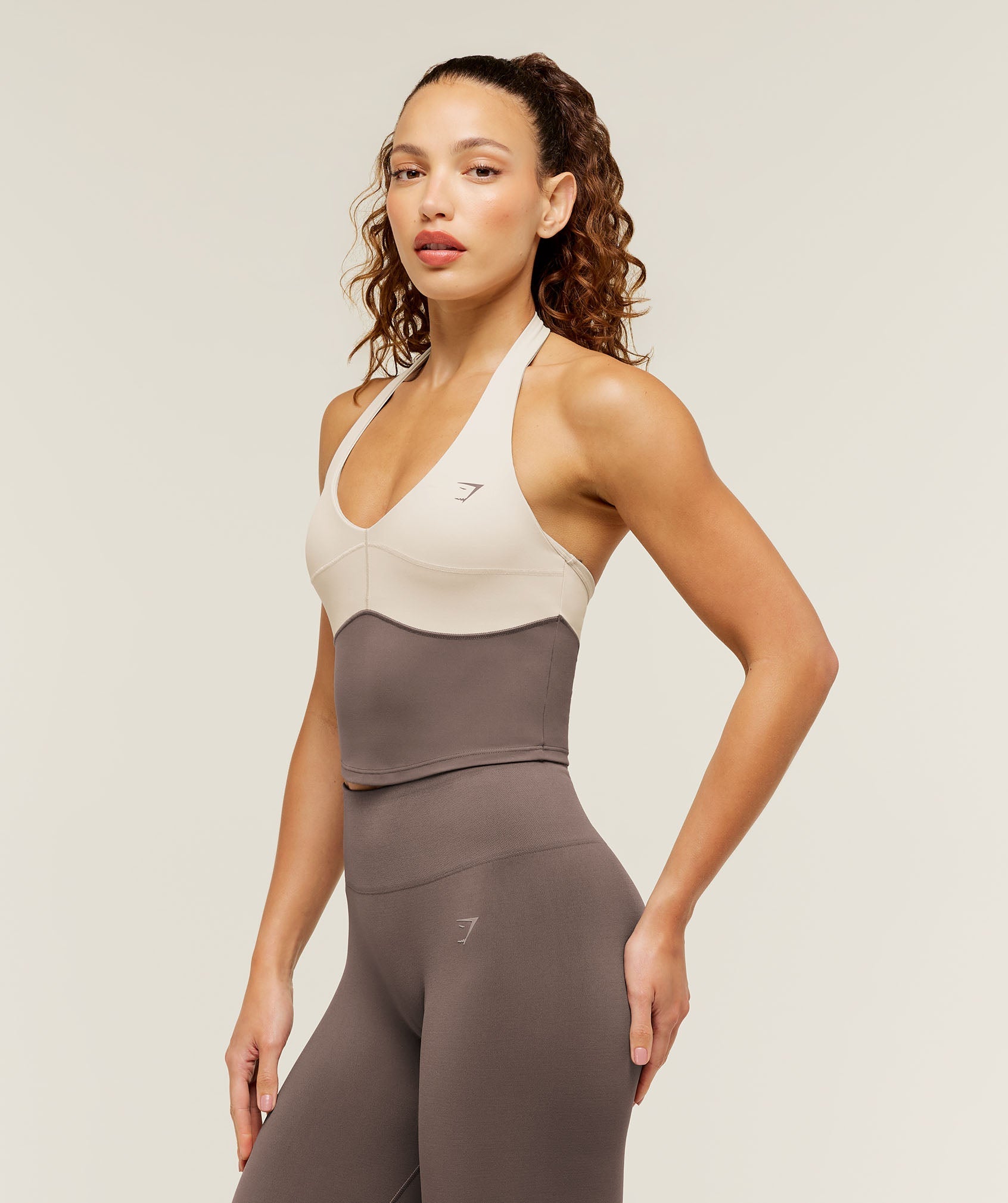 Women's Gymshark Colour Block Halter Neck Tank With Shelf Cool Brown