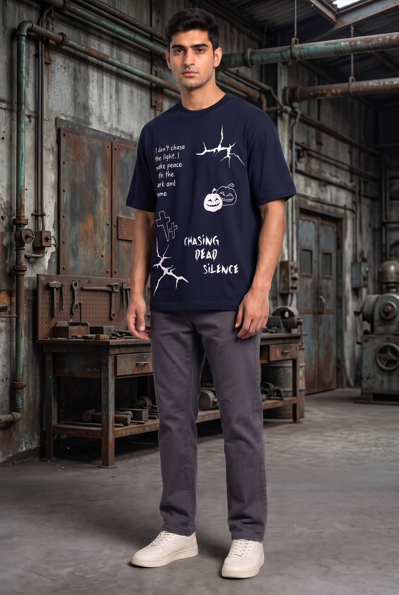 MIDNIGHT SPOOKY NAVY MEN’S OVERSIZED T-SHIRT
