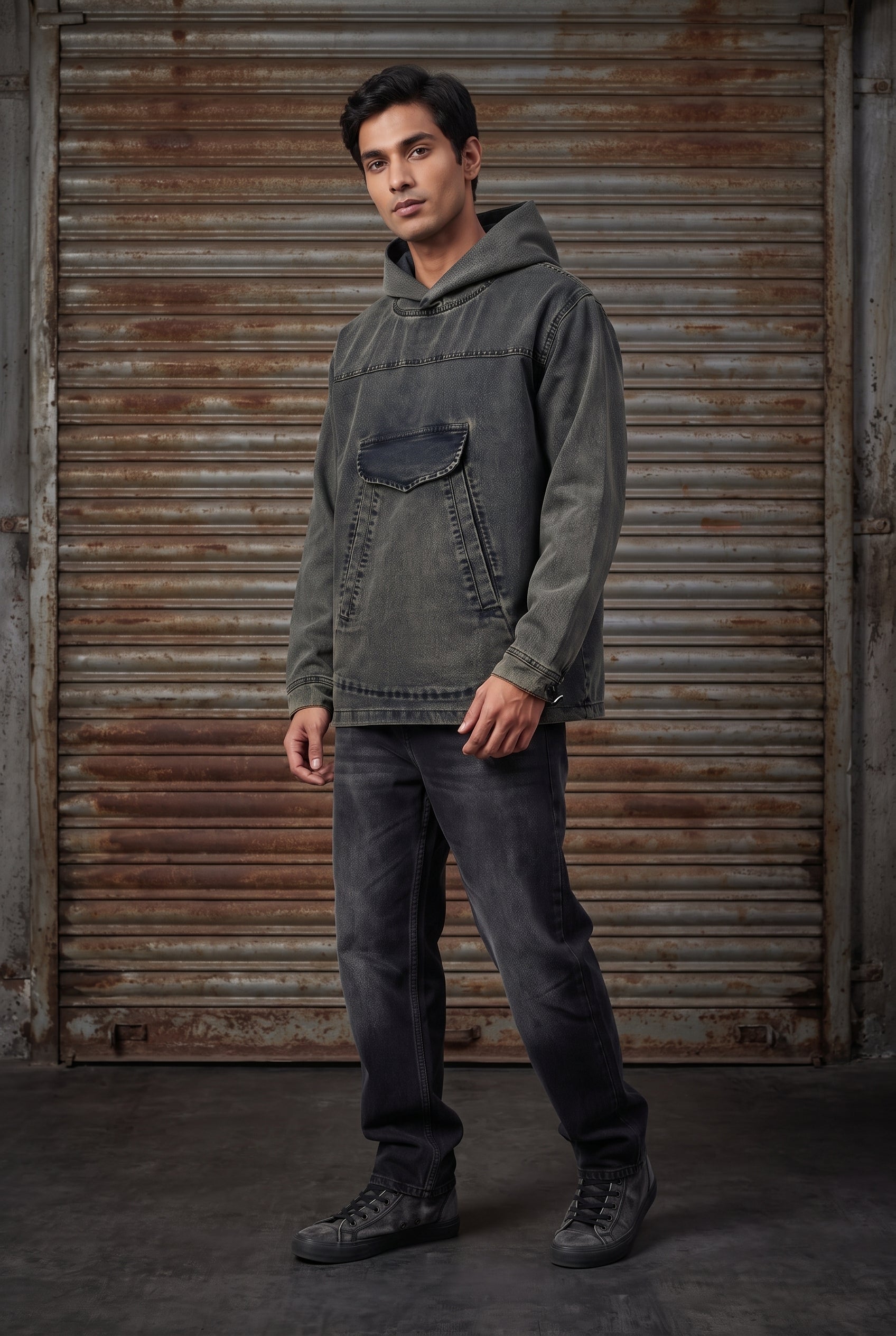 ACID WASH DENIM MEN'S HOODIE