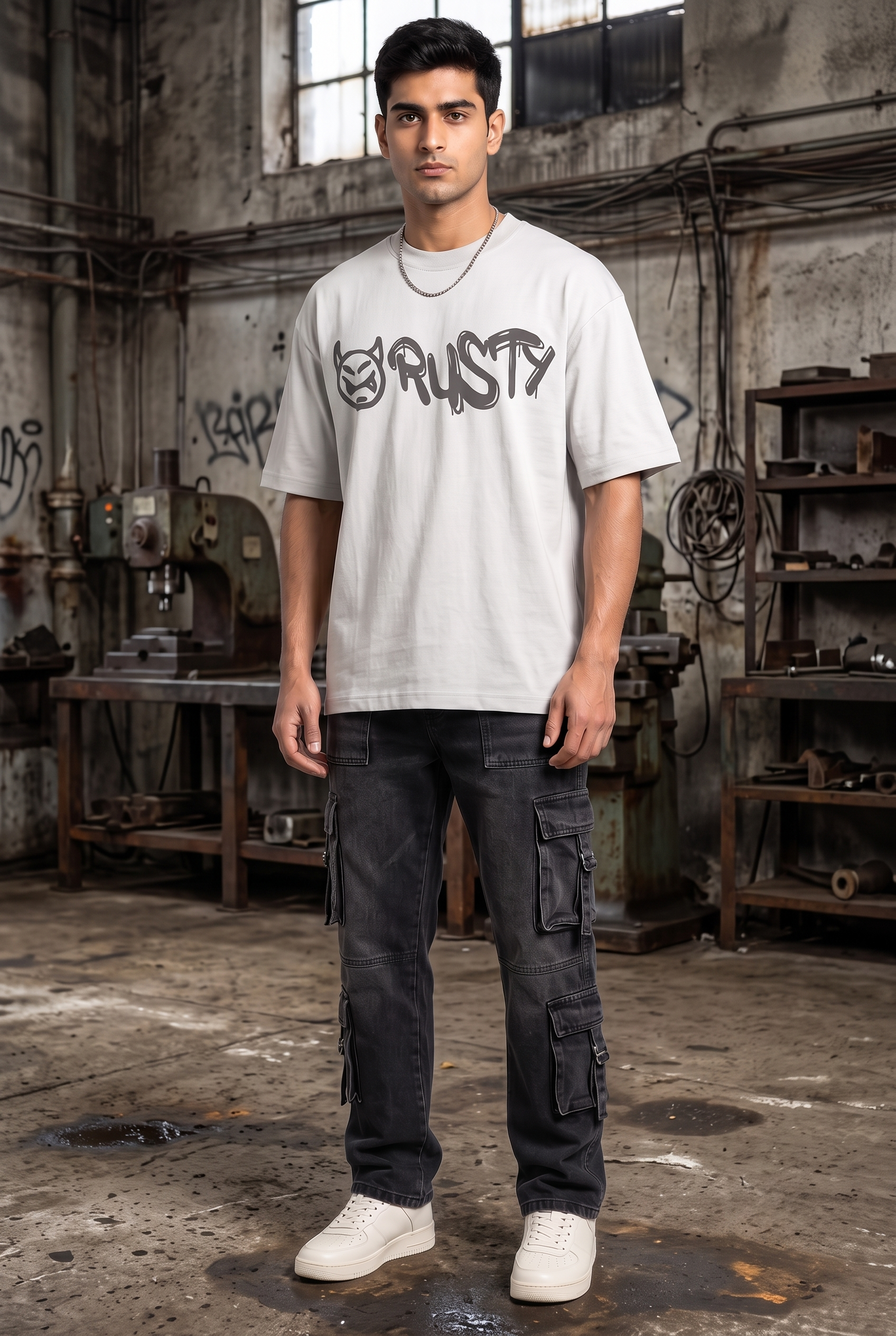 RUST GRAFFITI GREY MEN’S OVERSIZED T-SHIRT