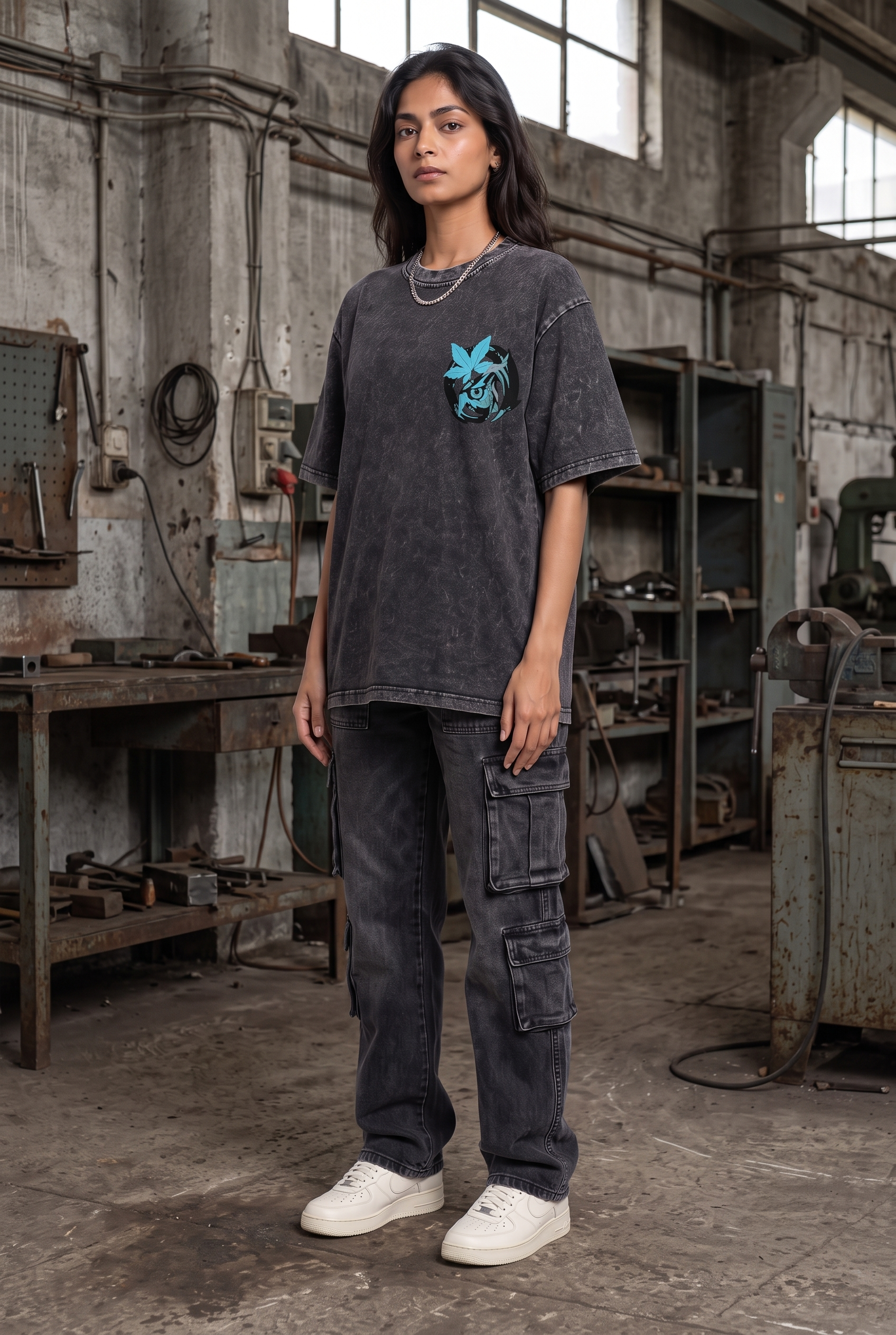 OWL VISION DARK GREY ACIDWASH WOMEN’S OVERSIZED T-SHIRT