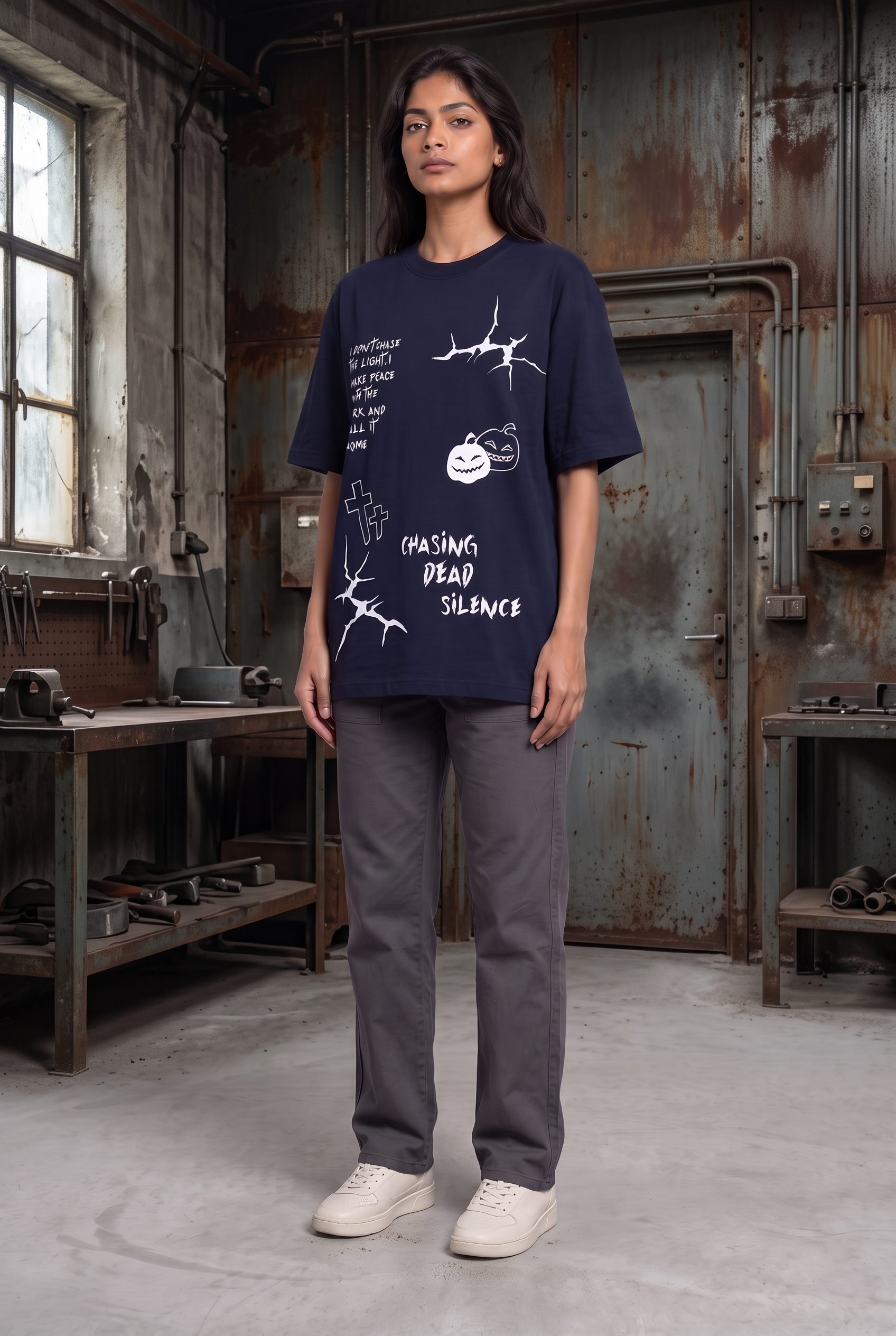 MIDNIGHT SPOOKY NAVY WOMEN’S OVERSIZED T-SHIRT