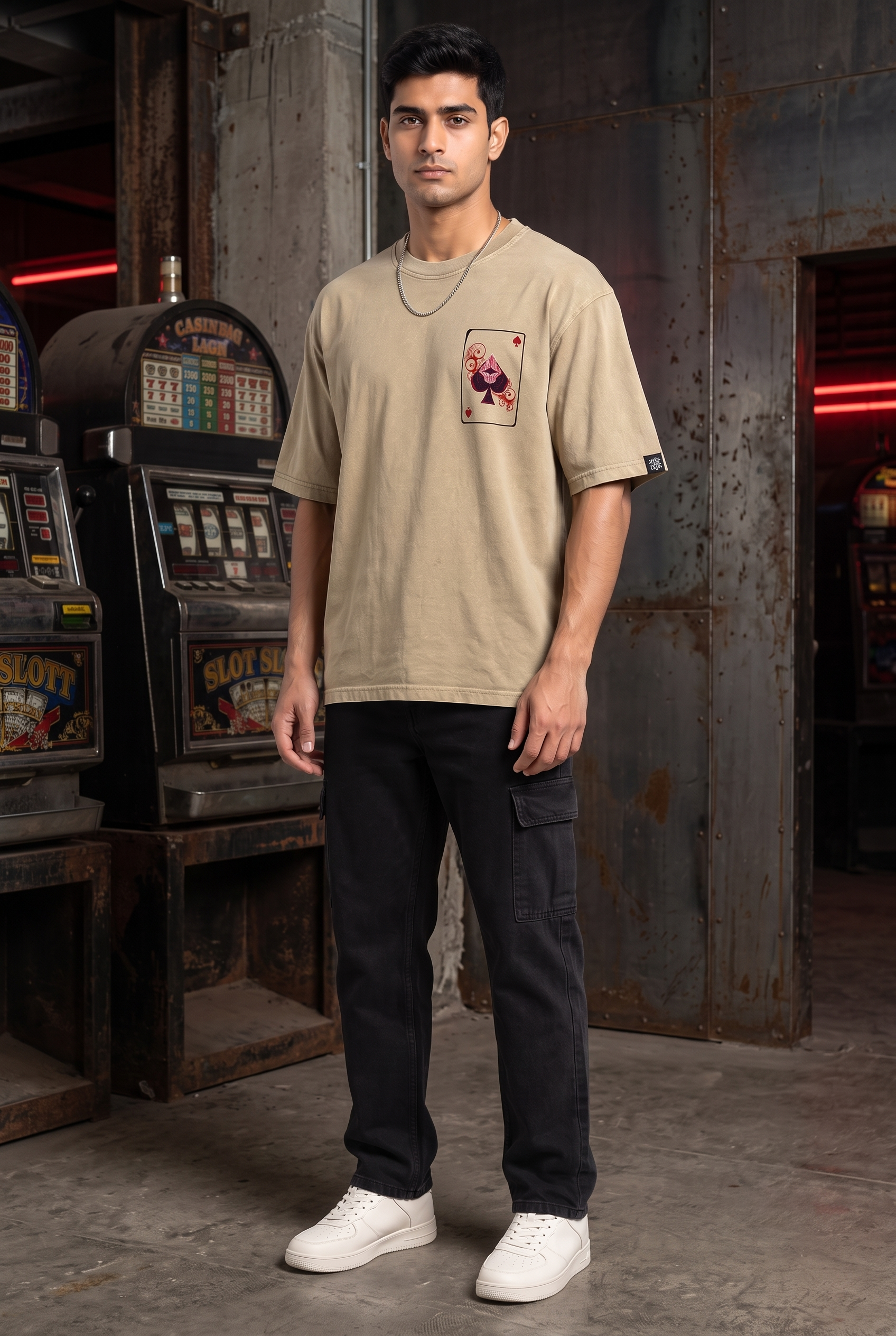 SPADE OF SECRETS BEIGE ACIDWASH MEN’S OVERSIZED T-SHIRT