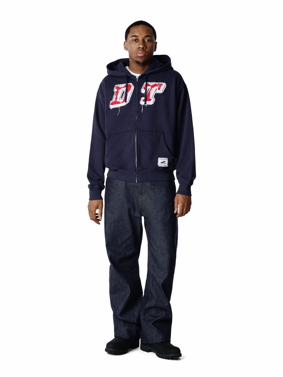 Denim Tears Distressed Tackle Twill Zip Up Hoodie Navy