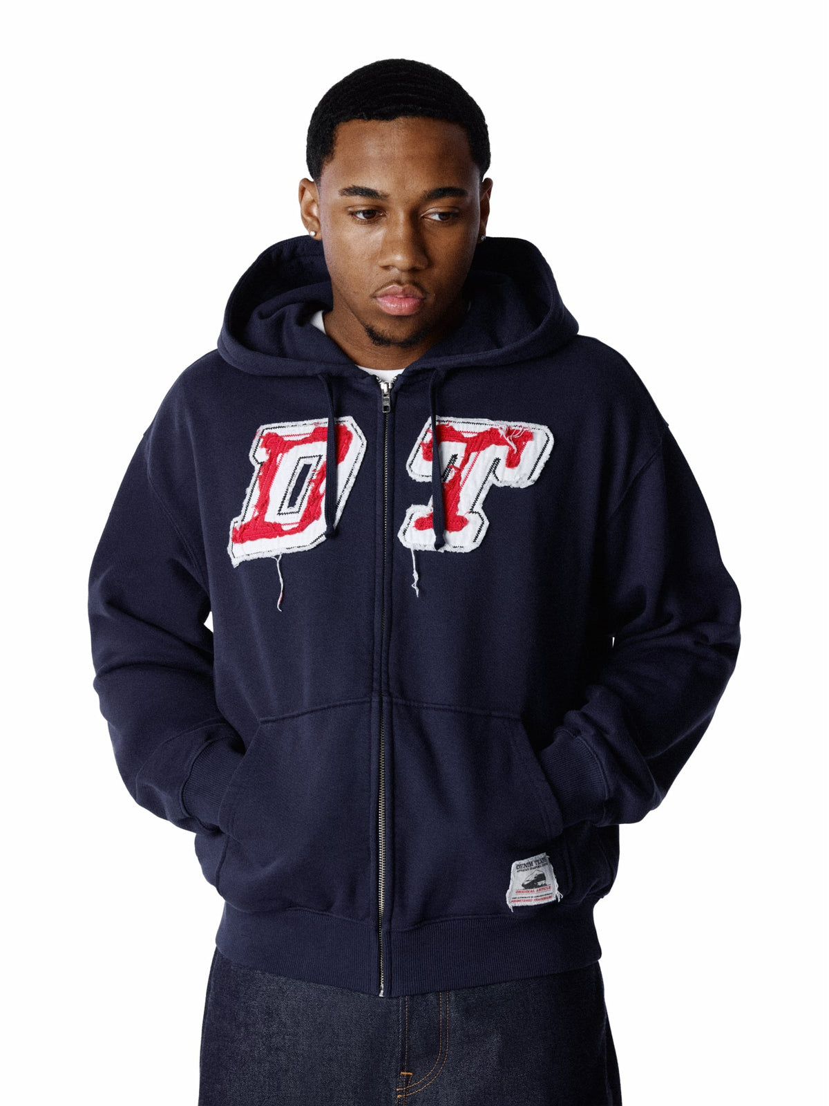 Denim Tears Distressed Tackle Twill Zip Up Hoodie Navy