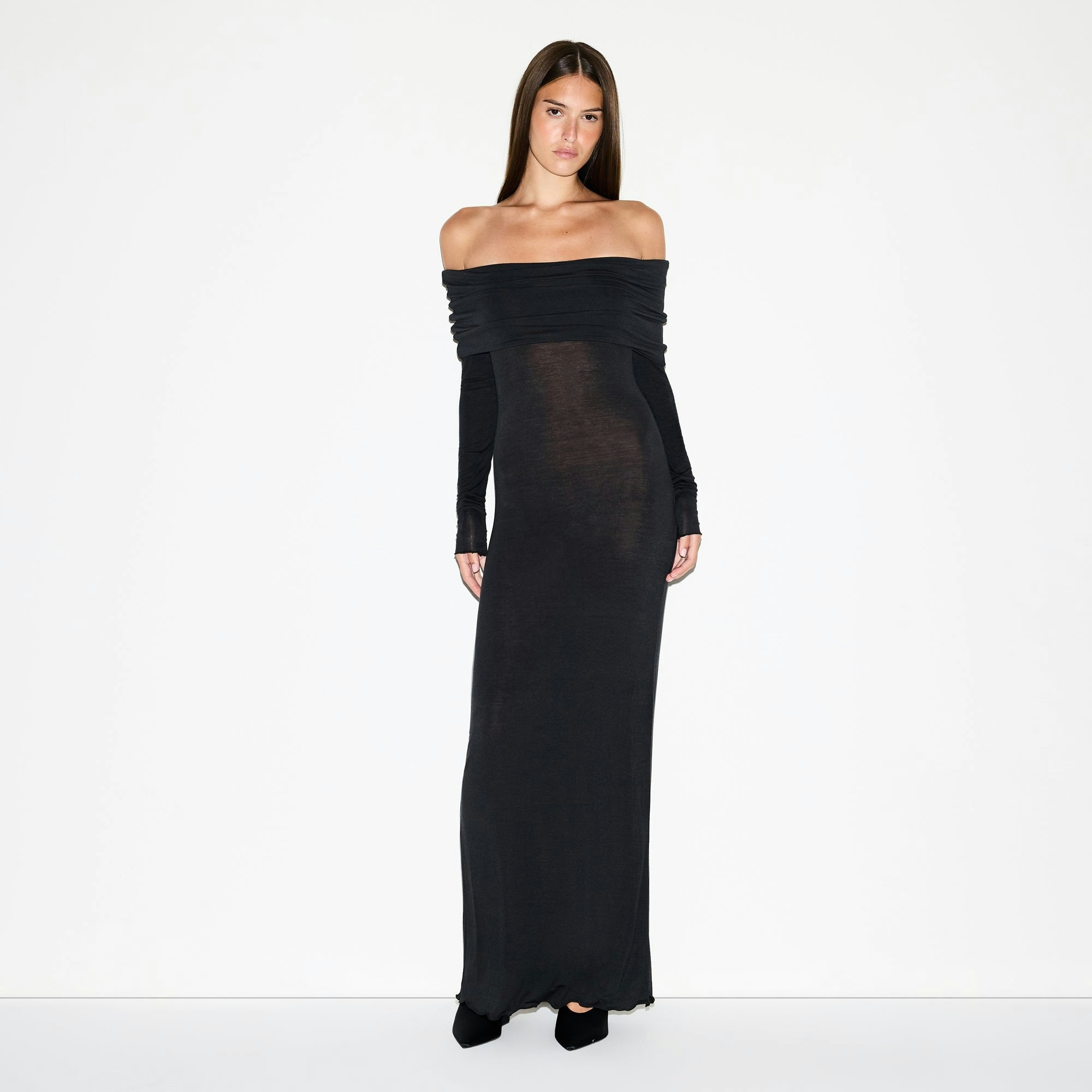 SHEER MODAL OFF THE SHOULDER LONG DRESS