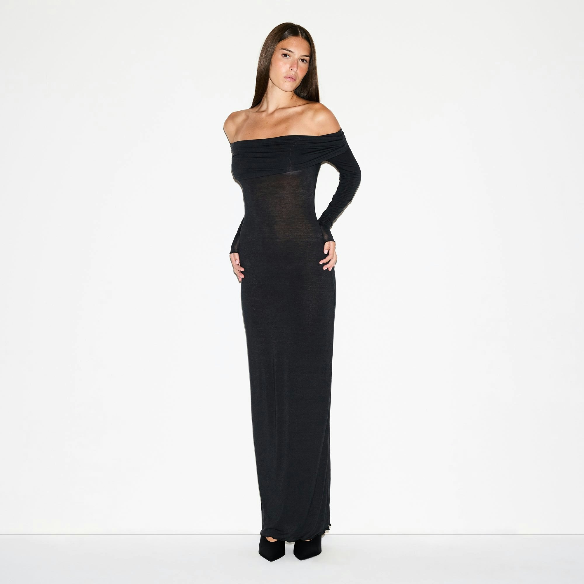 SHEER MODAL OFF THE SHOULDER LONG DRESS