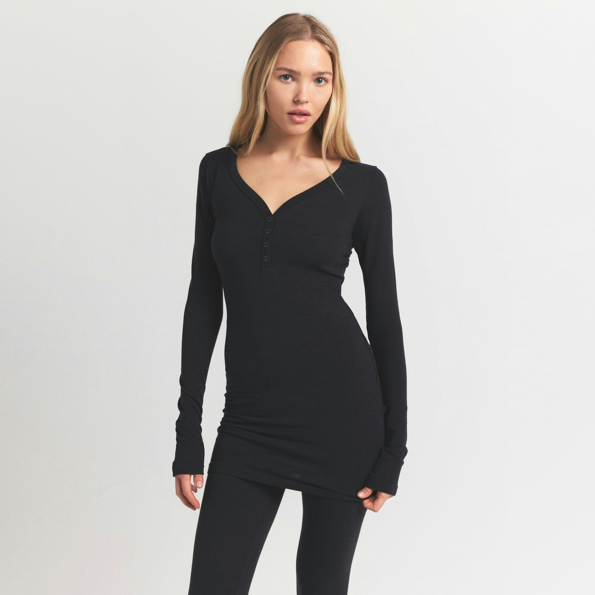 Skims Wool Rib Henley Dress Obsidian