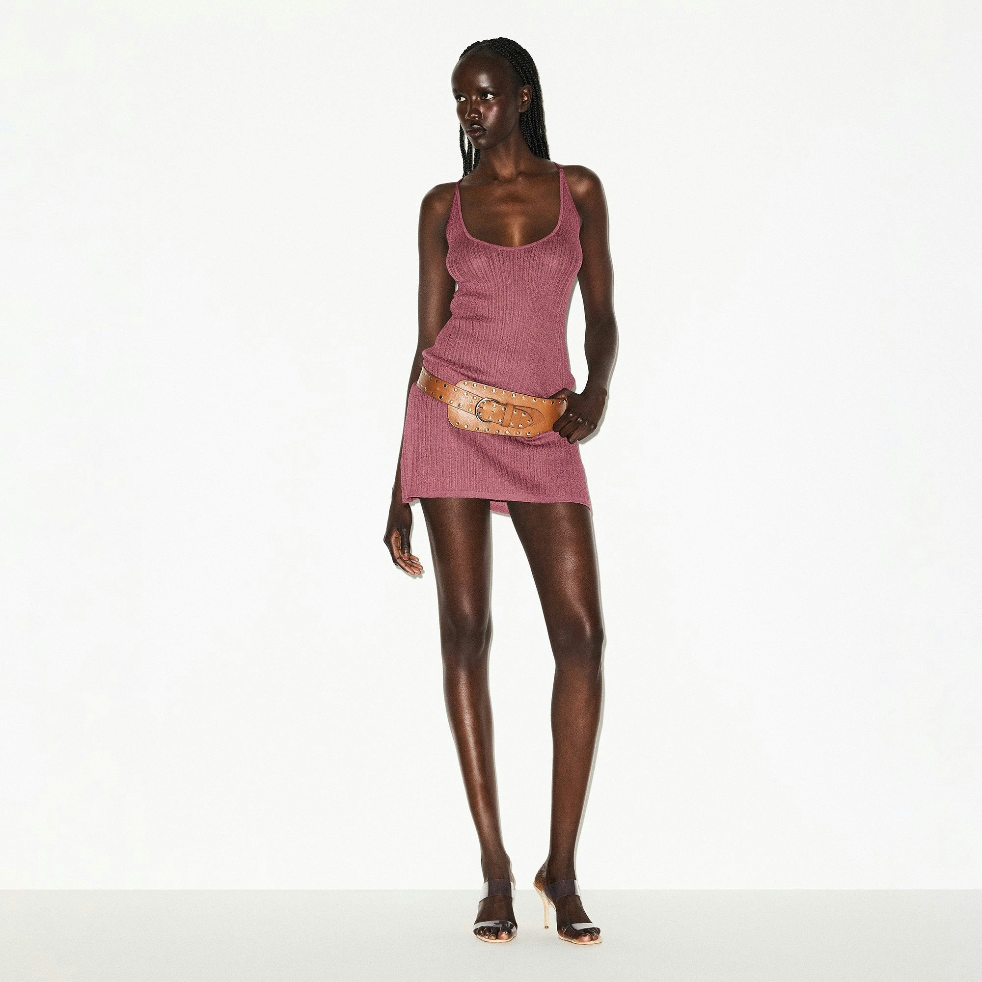 Skims Sheer Knit Plunge Mini Dress Beet