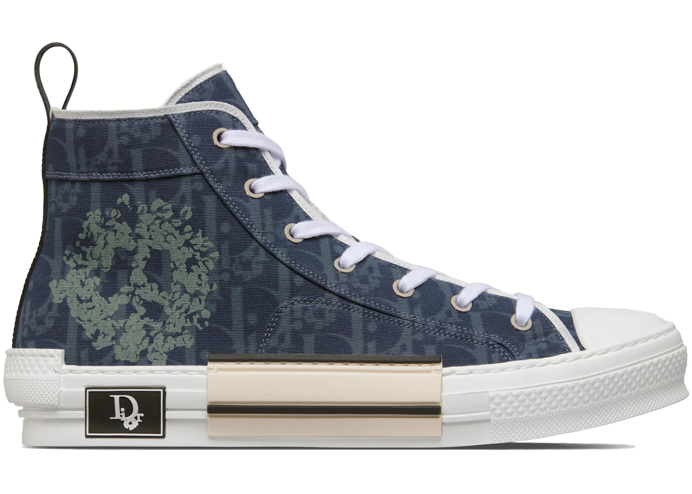 dior sneaker b23 high-top sneaker blue oblique and peace sign dior tears denim