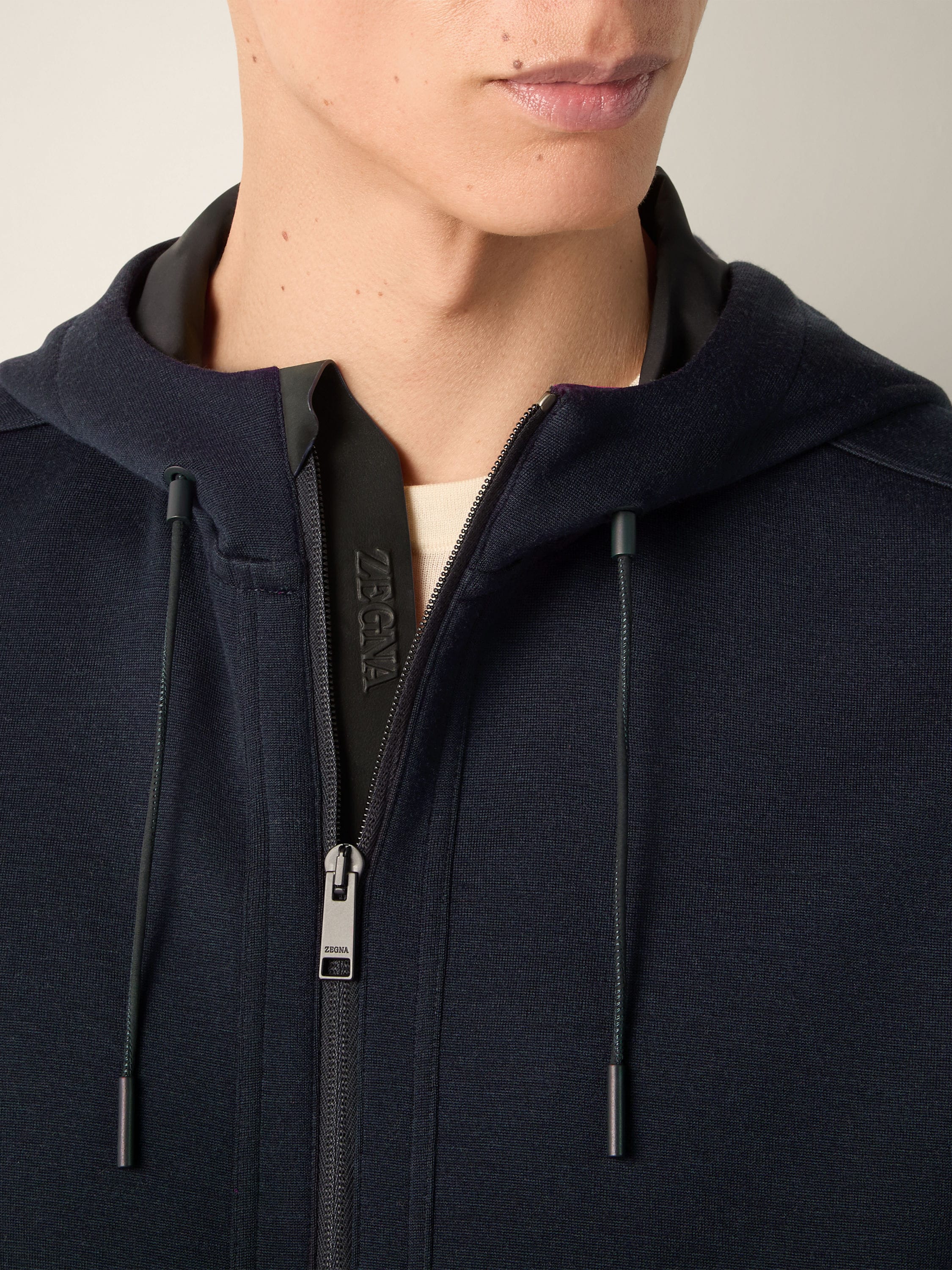 Zegna Navy Blue High Performance Wool Blend Full Zip Hoodie