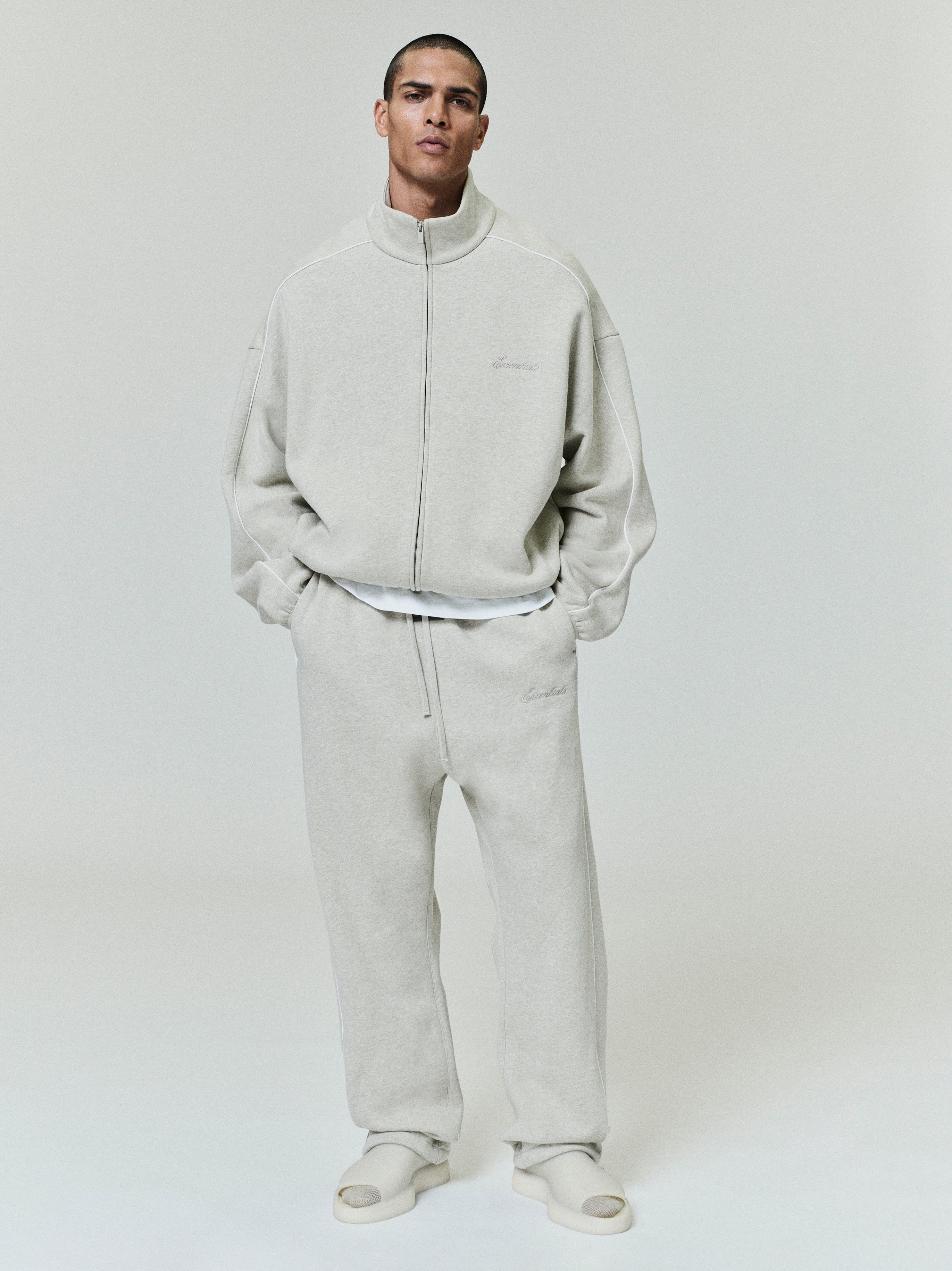 Essentials Modern Fleece Track Jacket With Piping Heather Stone/Cloud White