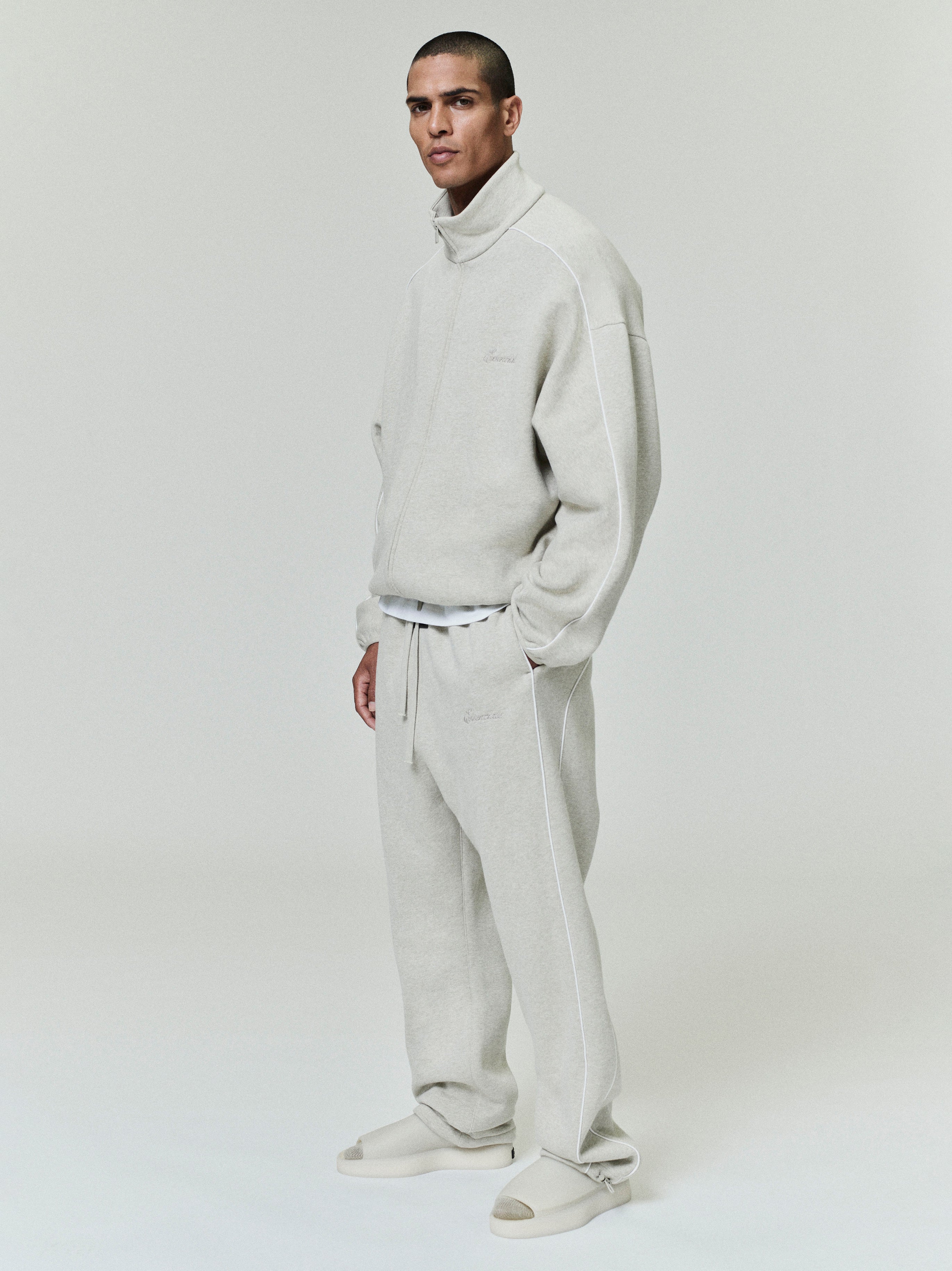 Essentials Modern Fleece Track Jacket With Piping Heather Stone/Cloud White