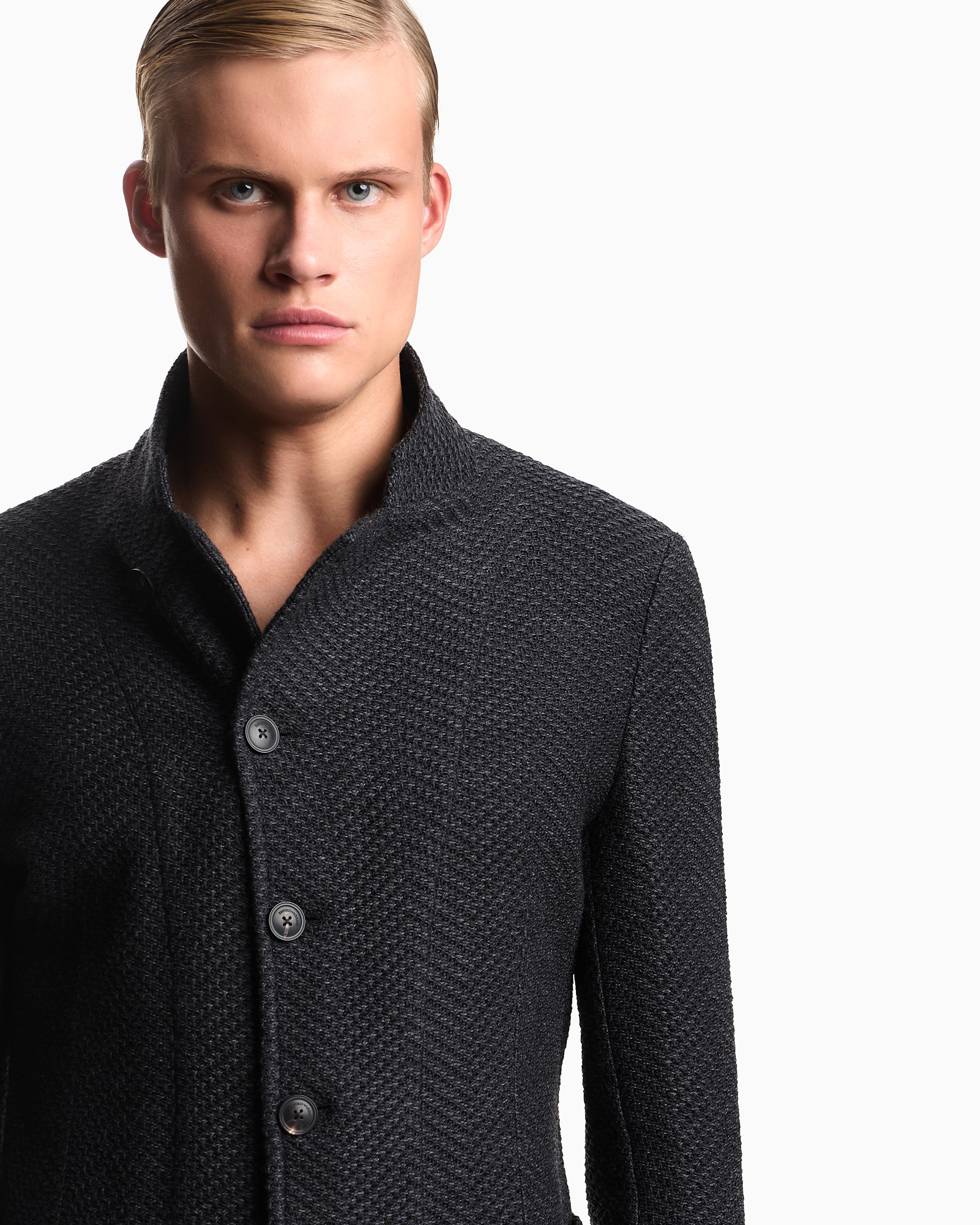 Emporio Armani Icon guru-collar jacket with off-centre fastening in a chevron wool knit