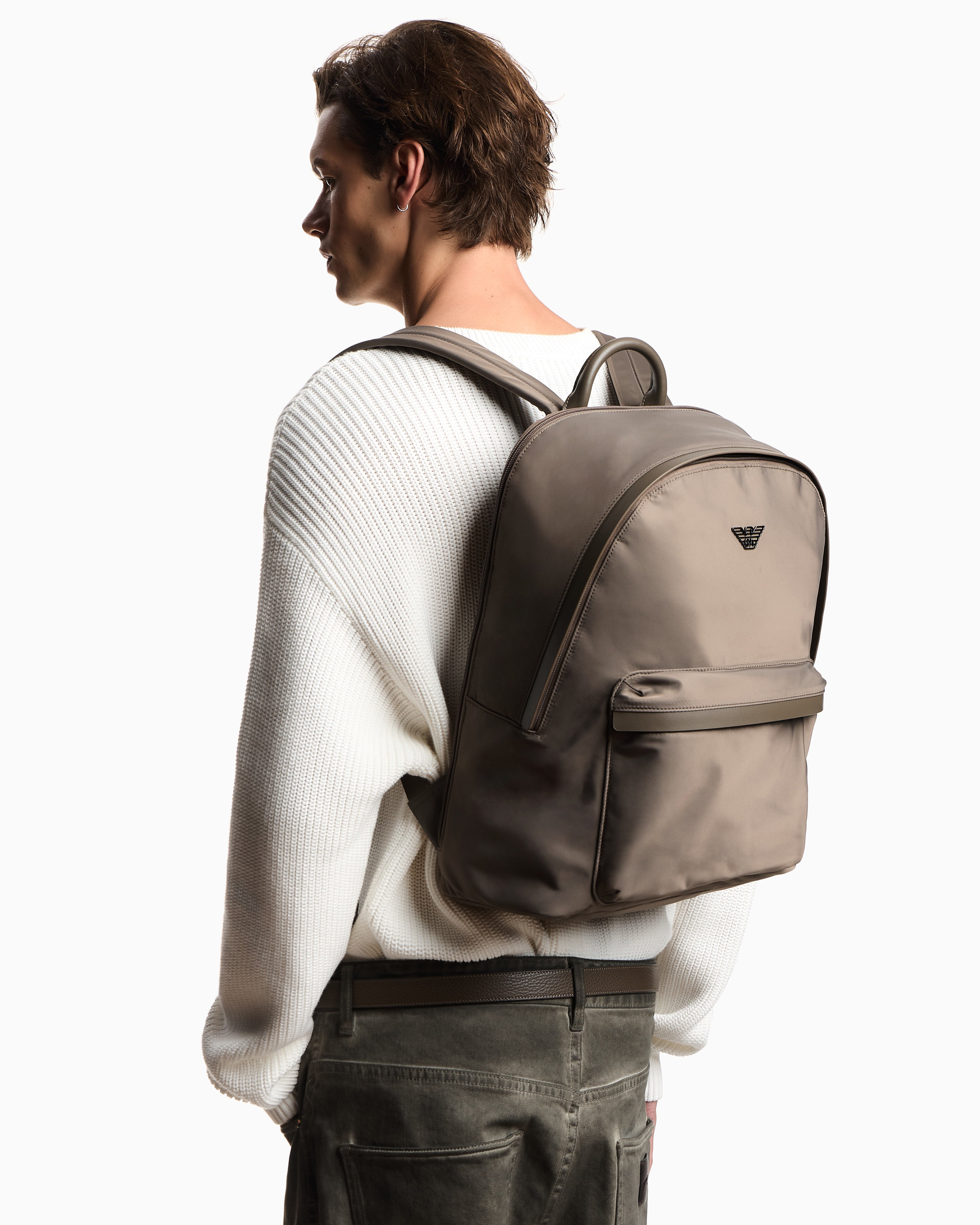 Emporio Armani Recycled nylon backpack with zip and leather details