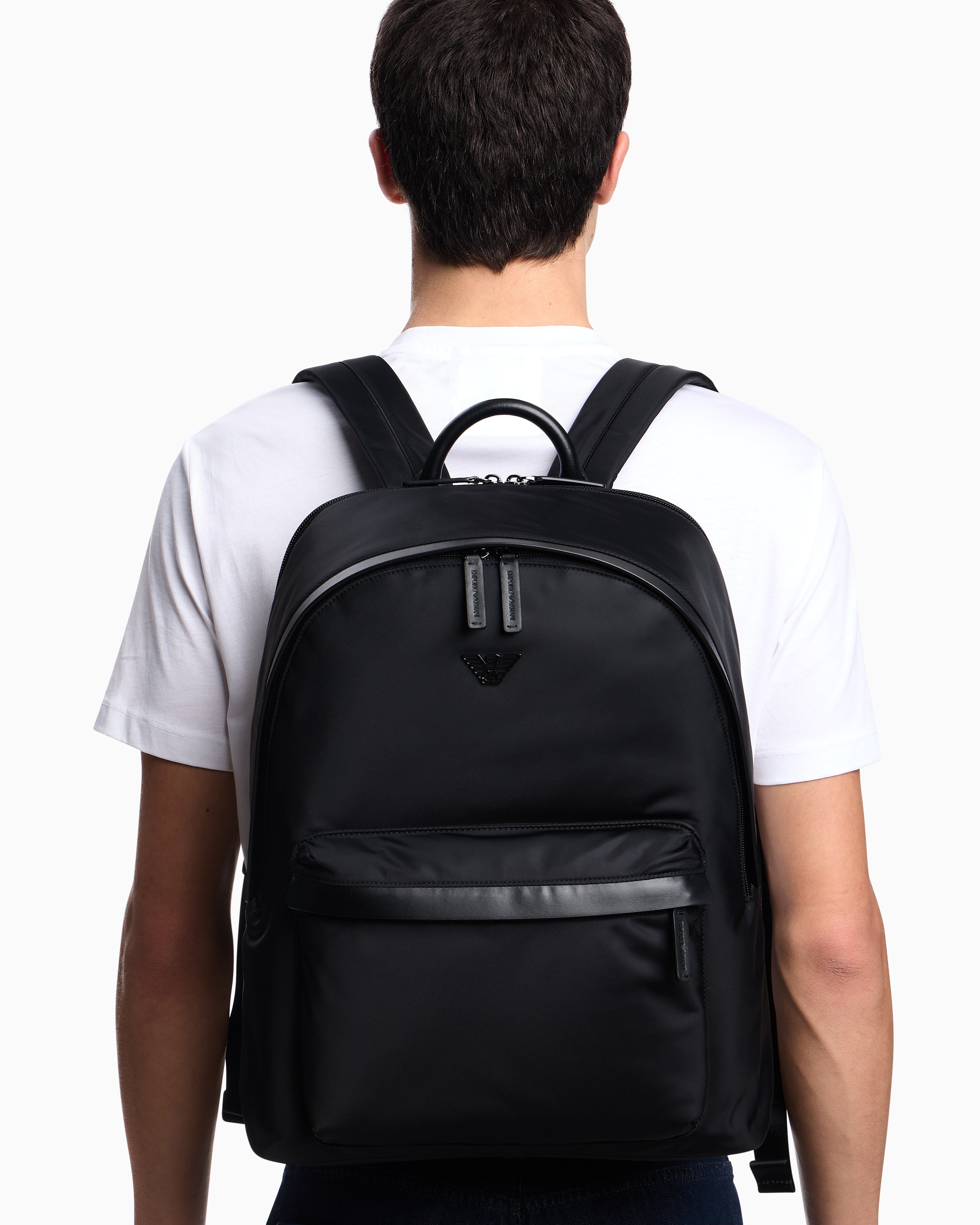 Emporio Armani Recycled nylon backpack with zip and leather details