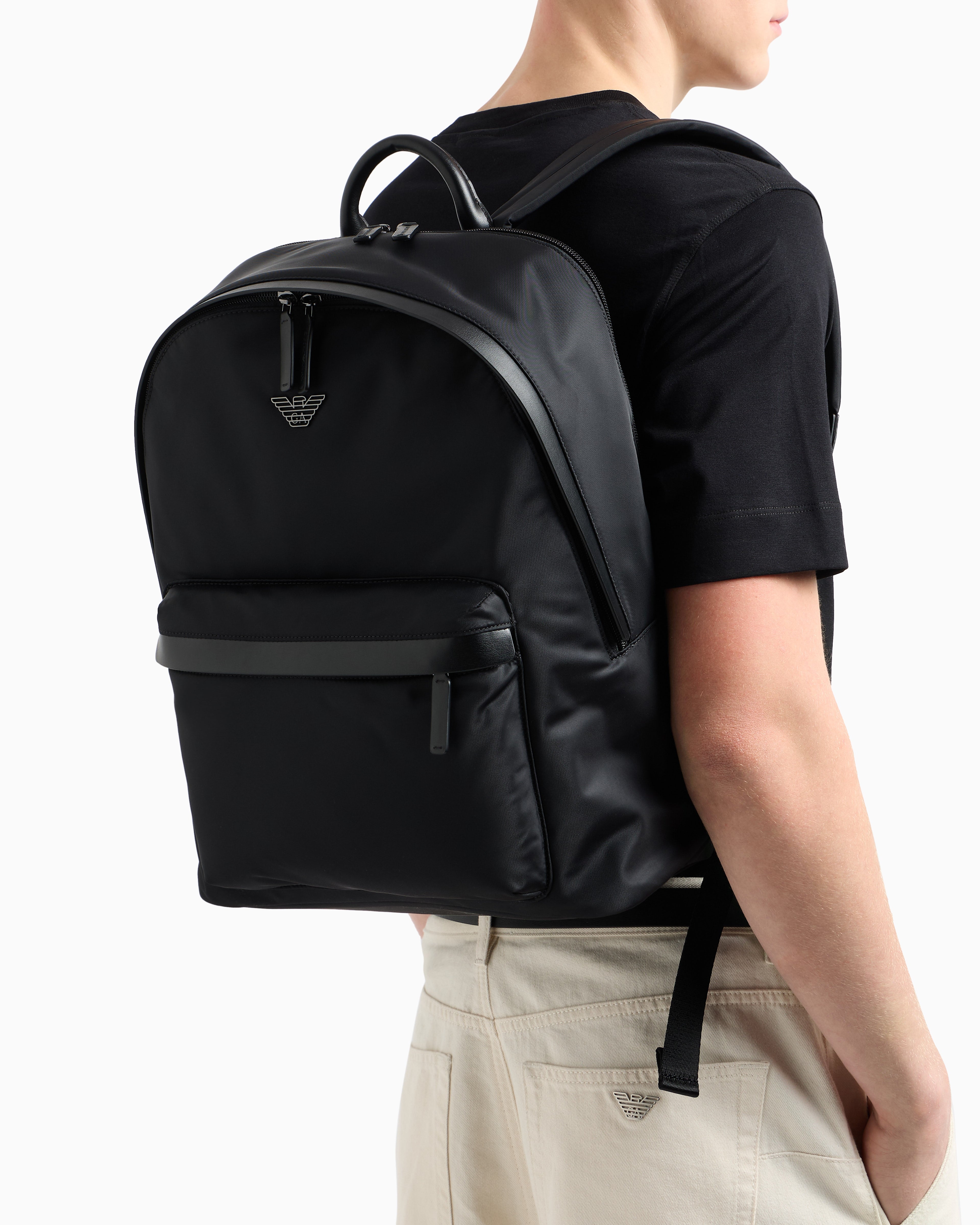 Emporio Armani Recycled nylon backpack with zip and leather details