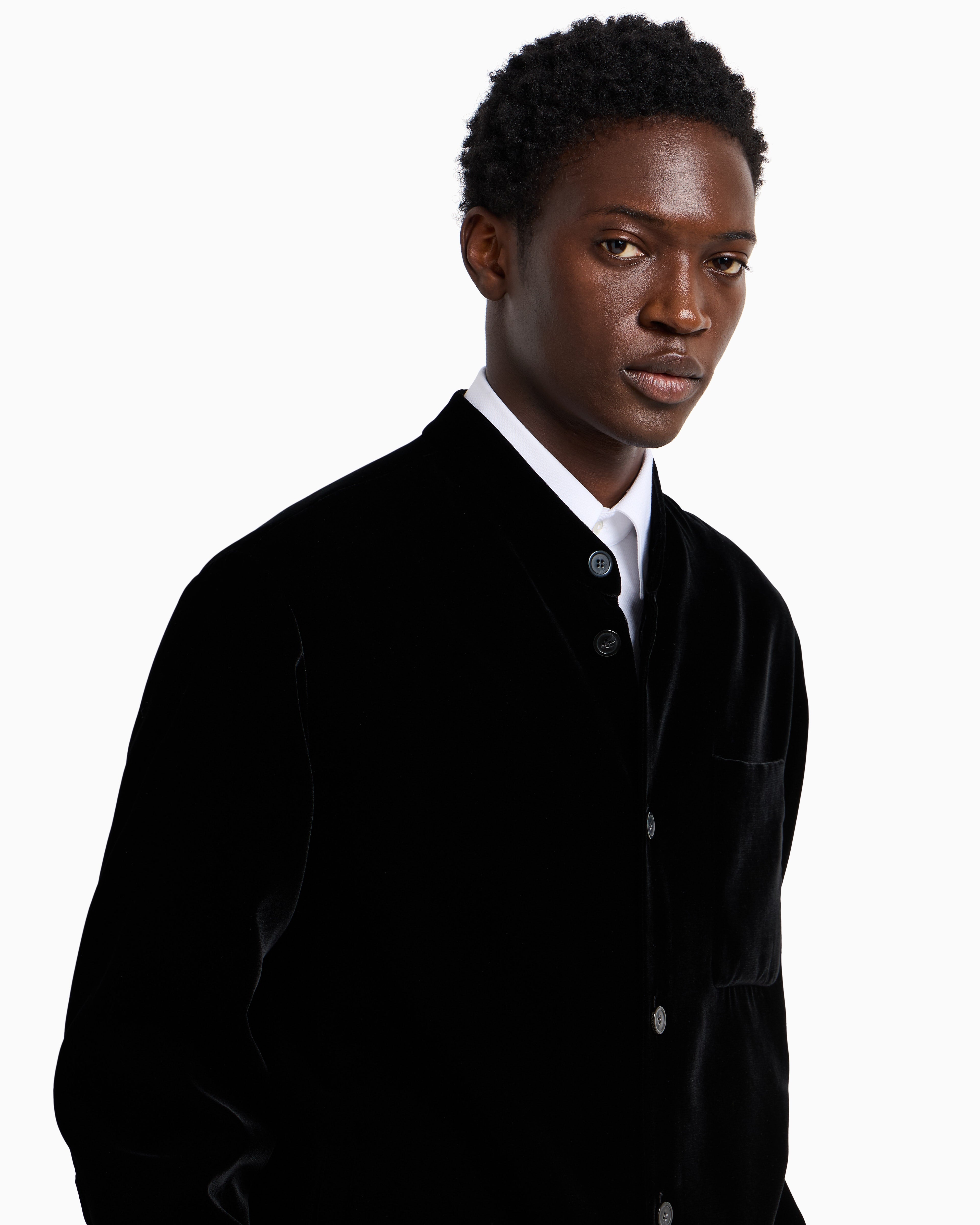Emporio Armani Icon smooth velvet shirt jacket with guru collar