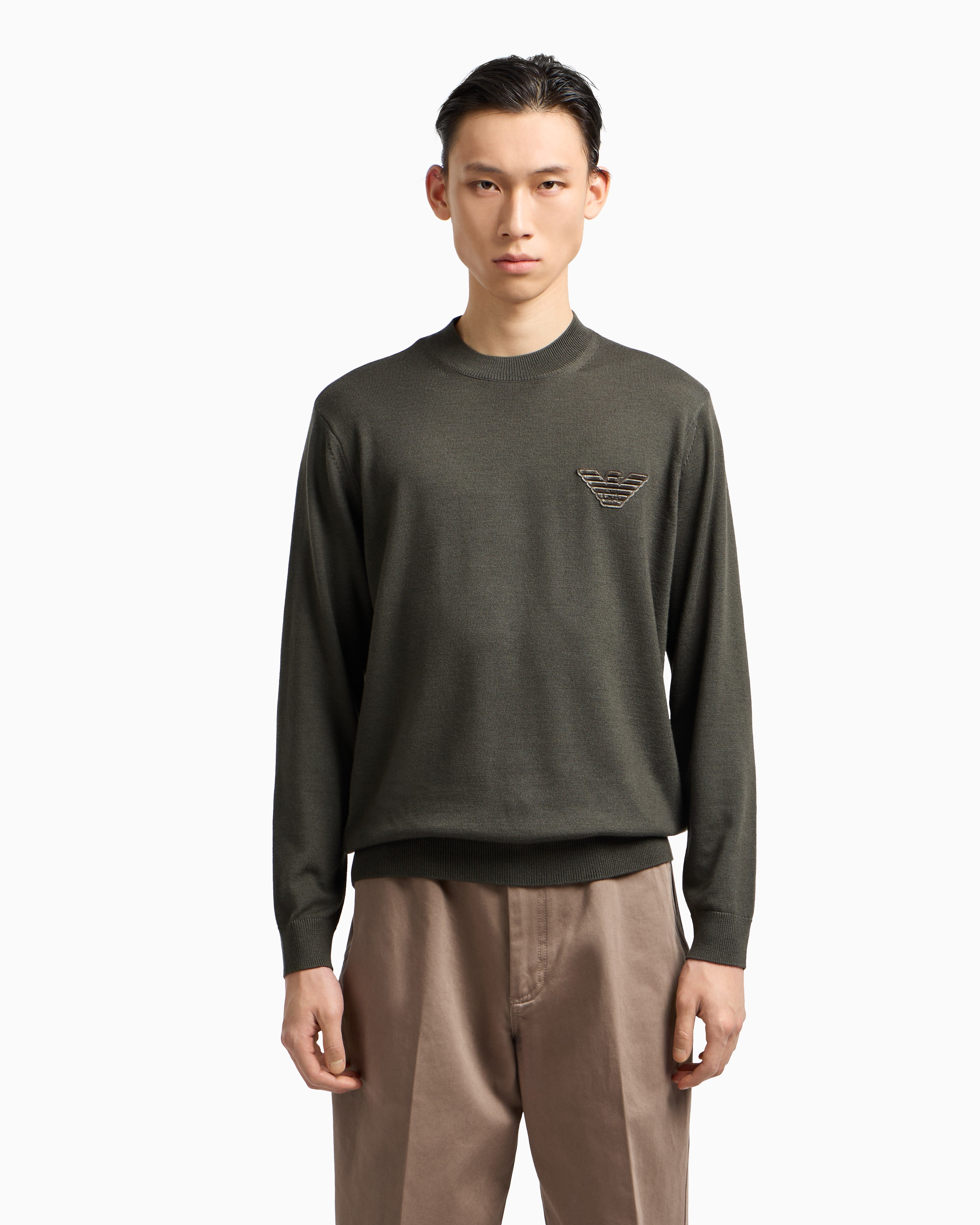 Emporio Armani Plain-knit virgin-wool jumper with eagle patch