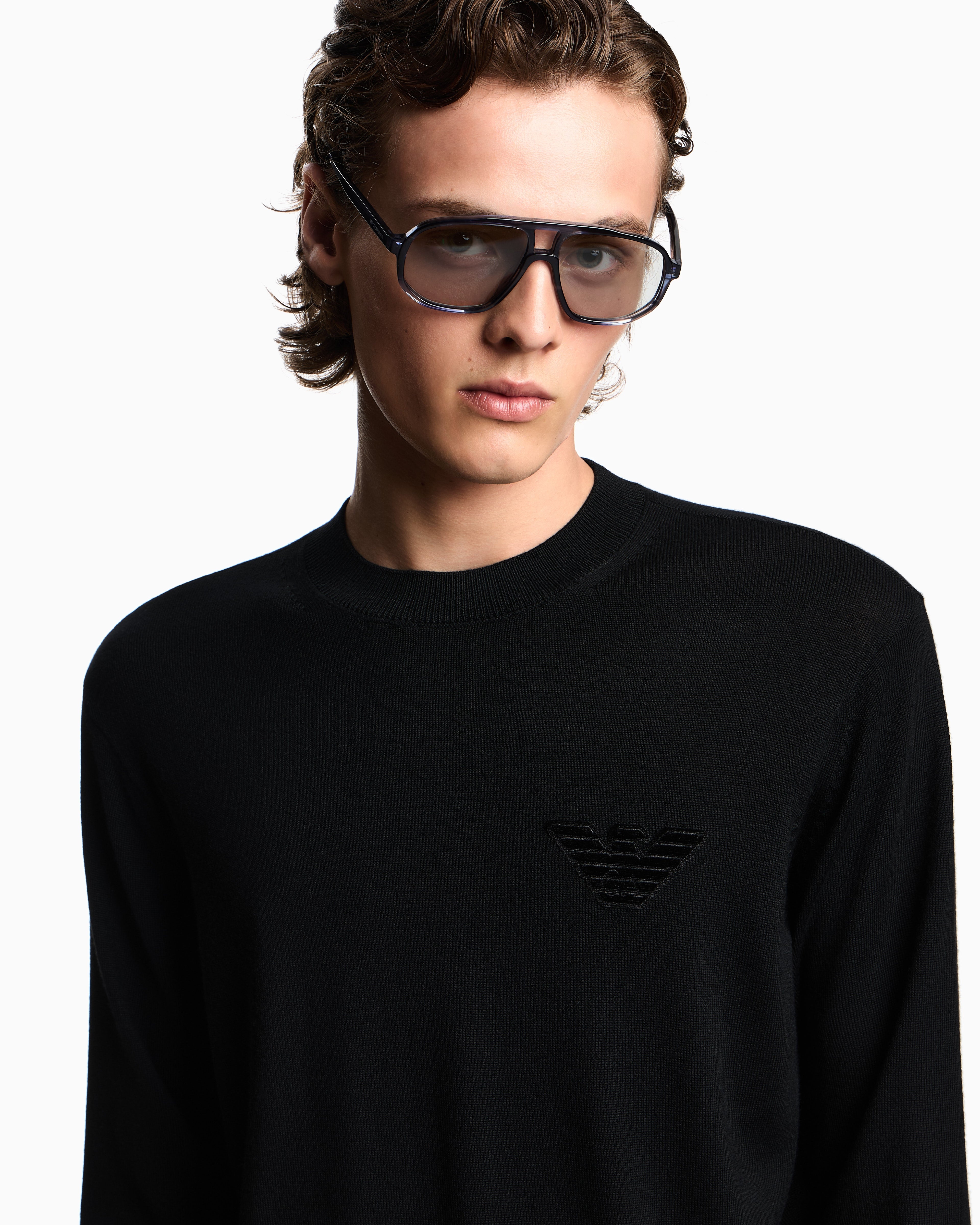 Emporio Armani Plain-knit virgin-wool jumper with eagle patch