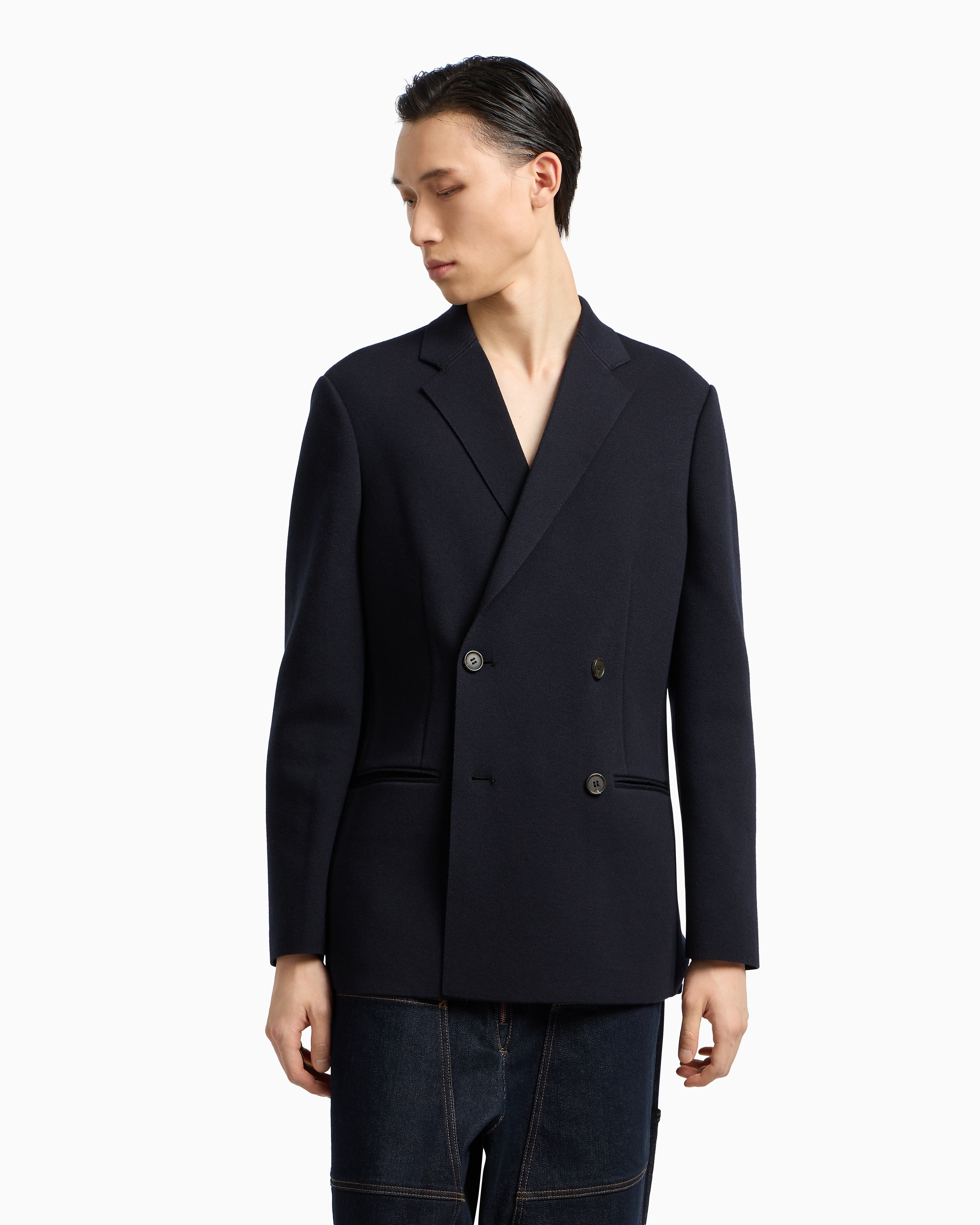 Emporio Armani Double-breasted blazer in a plain-knit wool blend