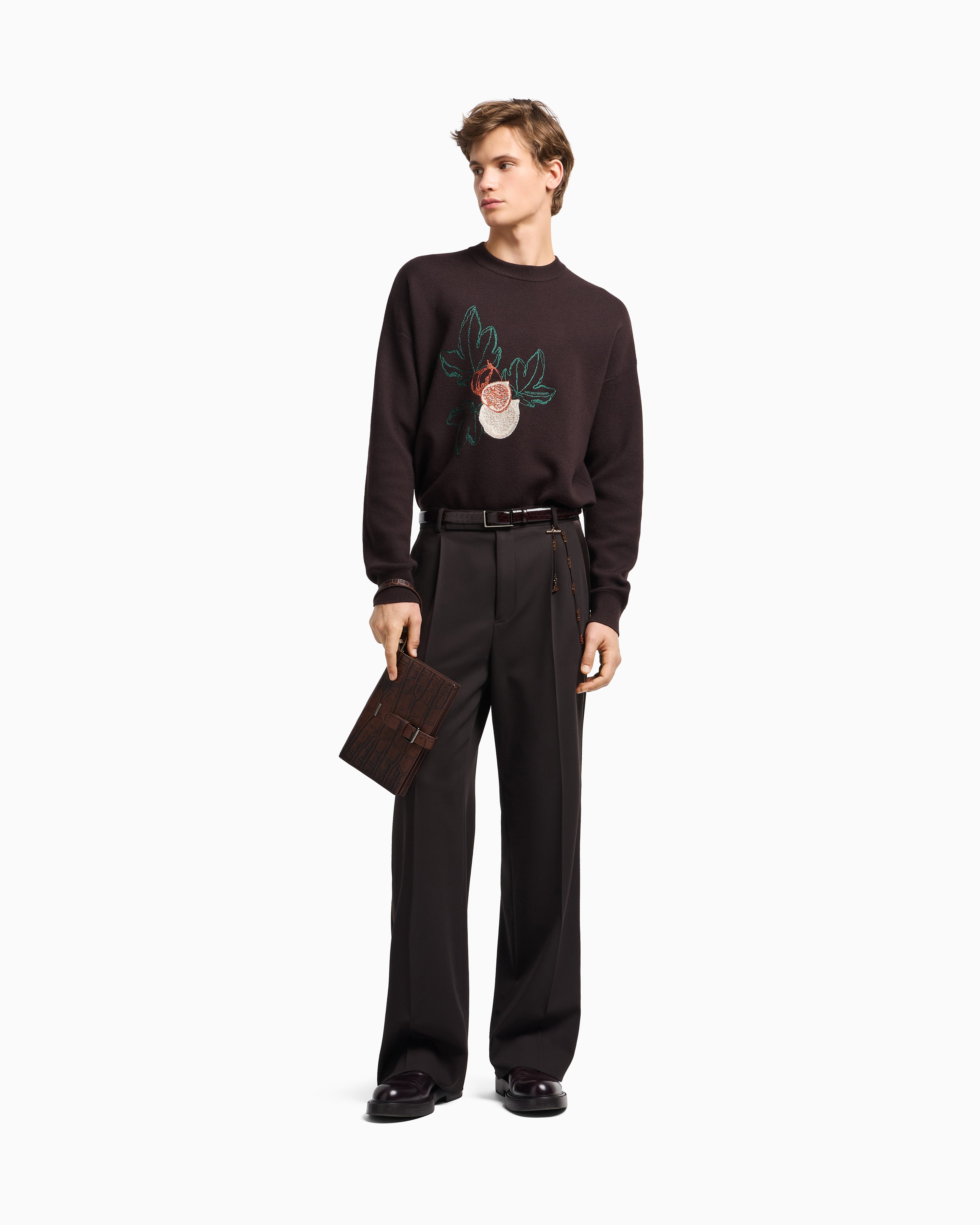 Emporio Armani Virgin-wool plain-knit jumper with foliage embroidery