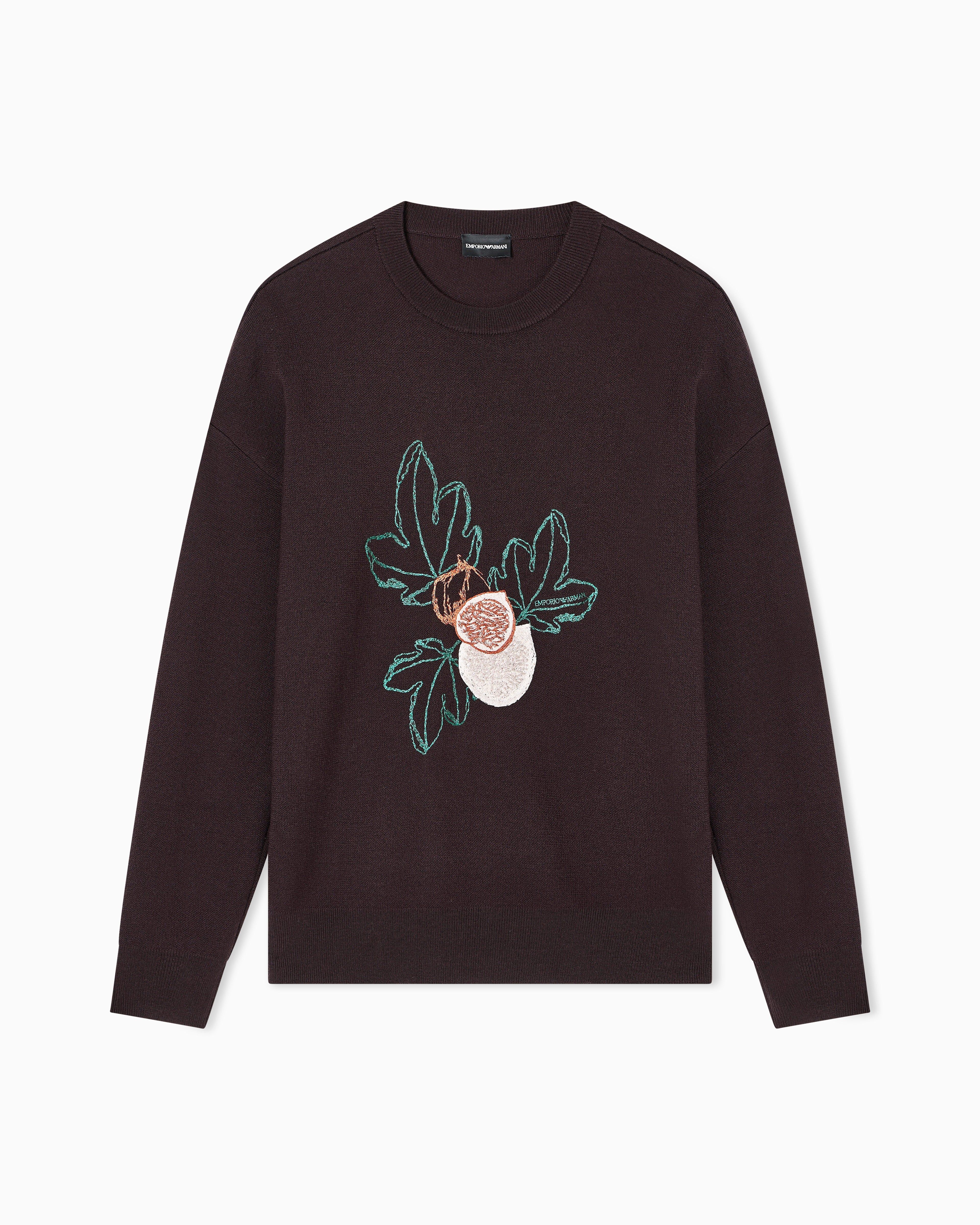 Emporio Armani Virgin-wool plain-knit jumper with foliage embroidery