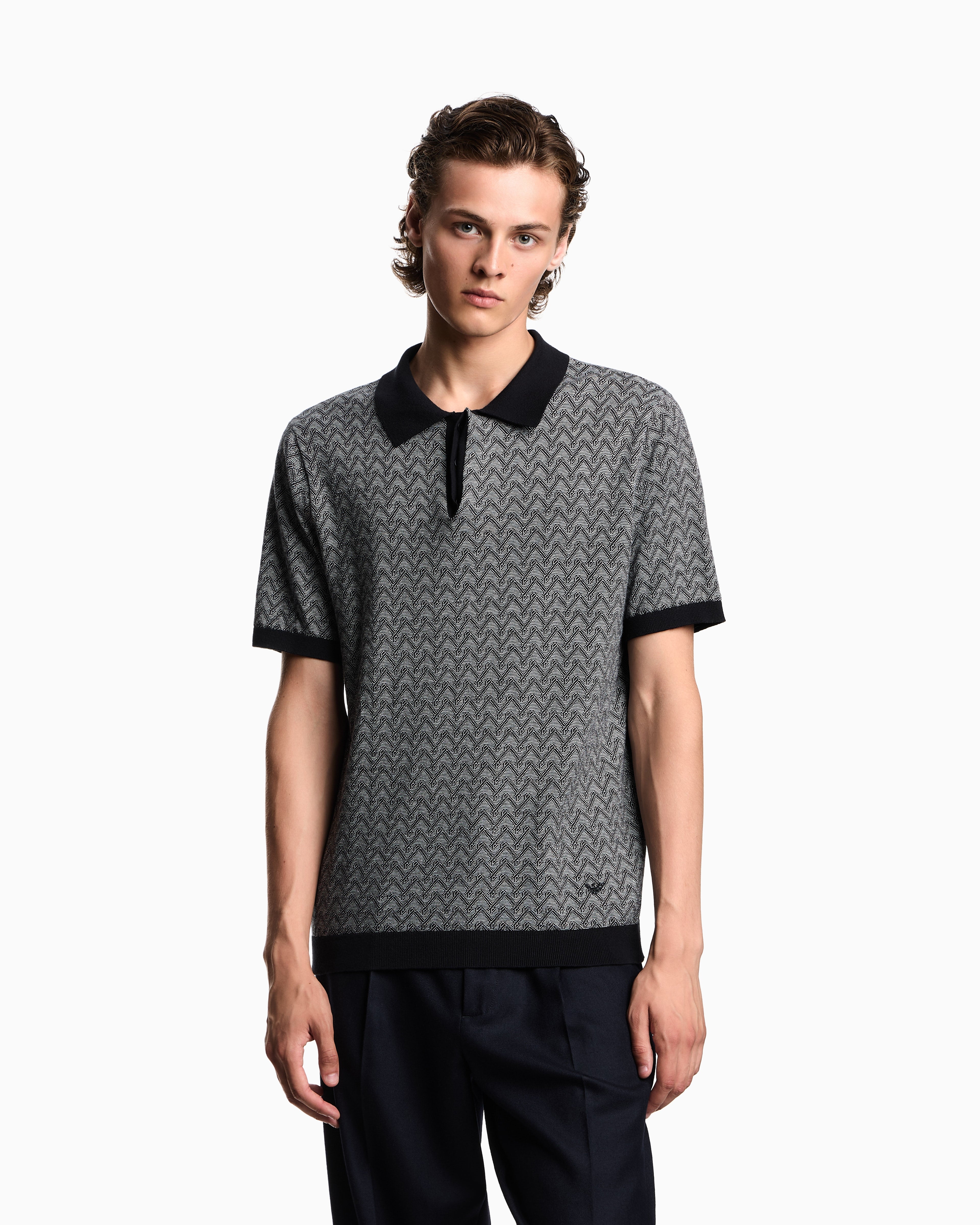 Emporio Armani Icon polo-collar jumper in chevron-motif jacquard