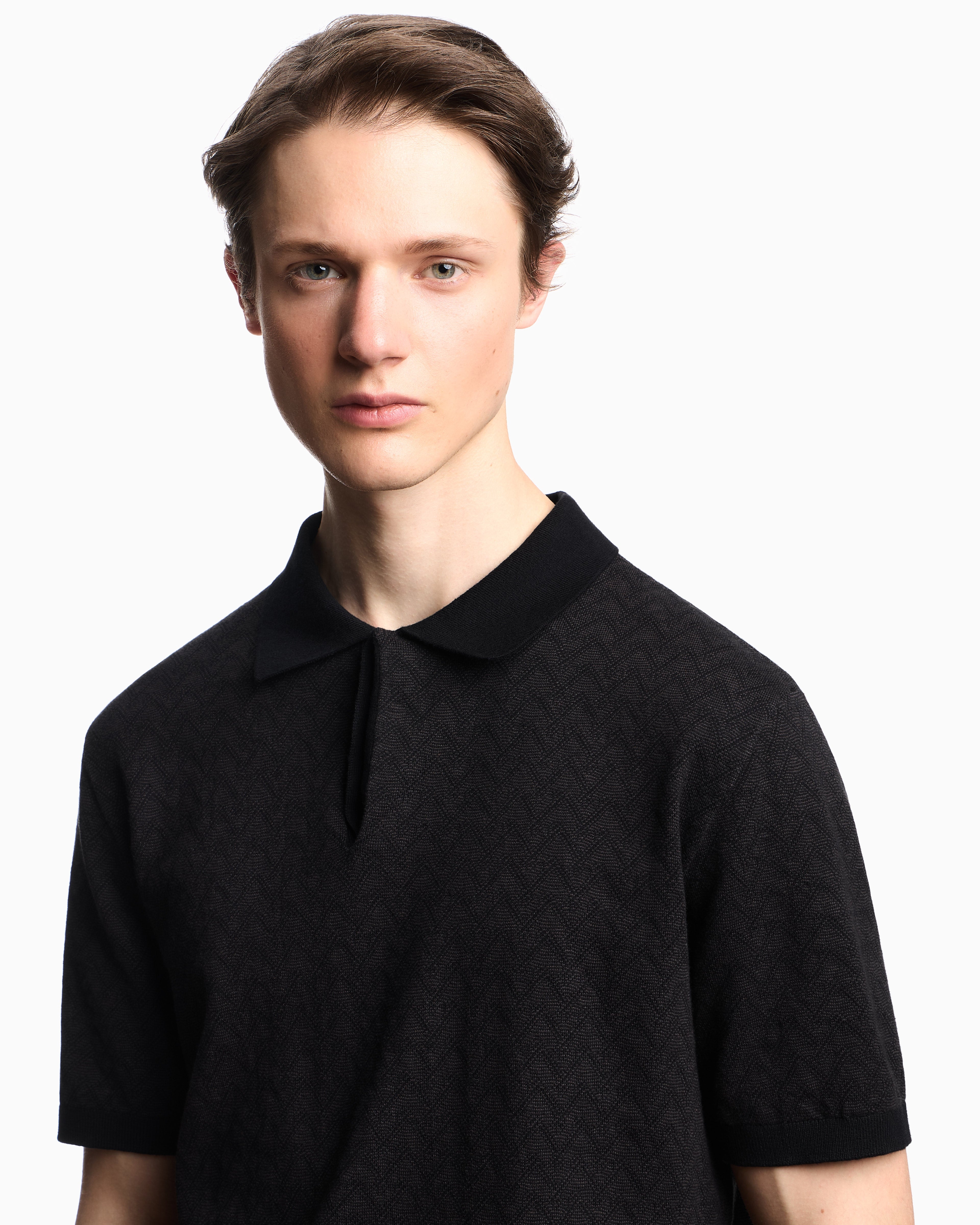 Emporio Armani Icon polo-collar jumper in chevron-motif jacquard
