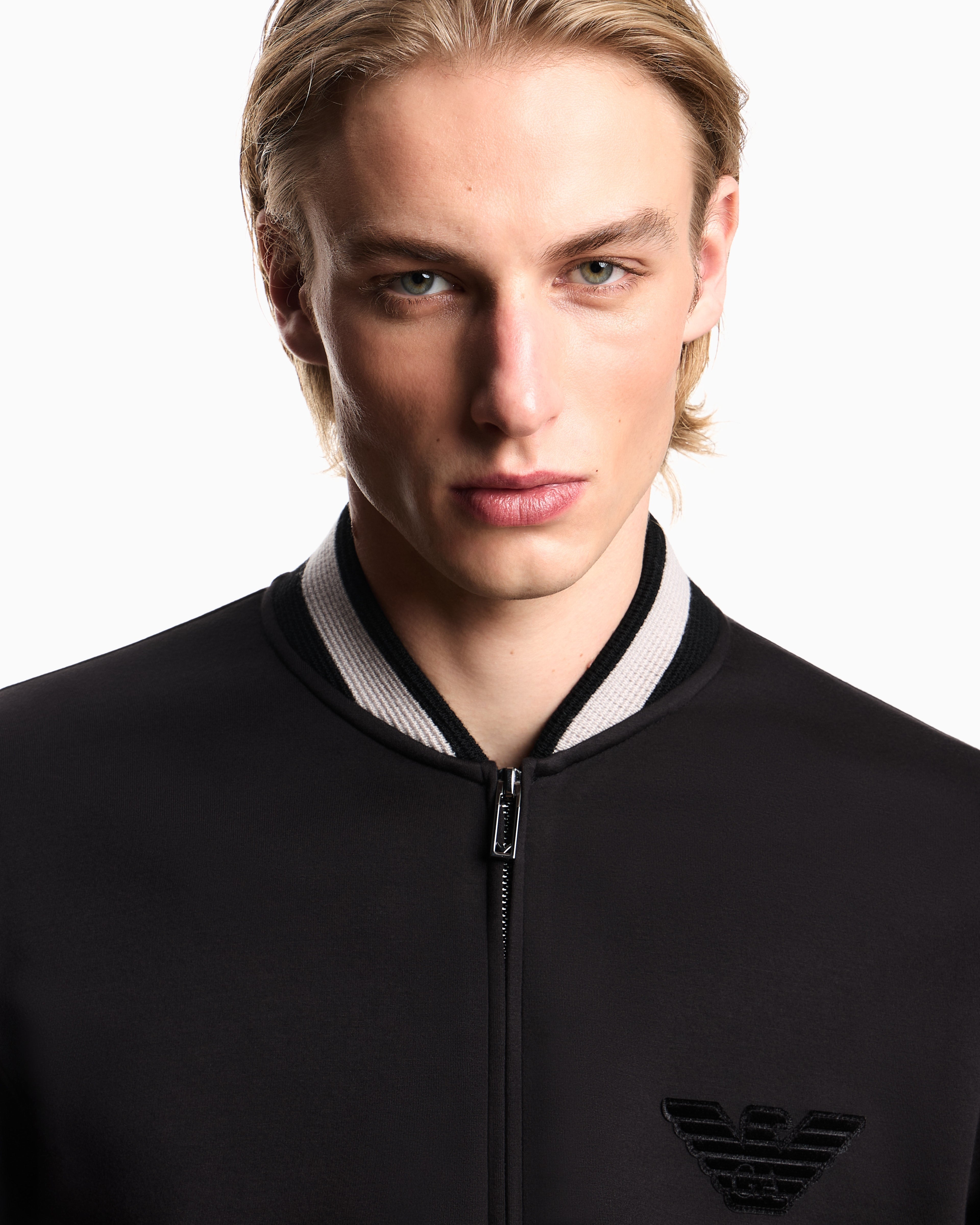 Emporio Armani Double-jersey zip-up sweatshirt with bomber jacket collar and eagle patch