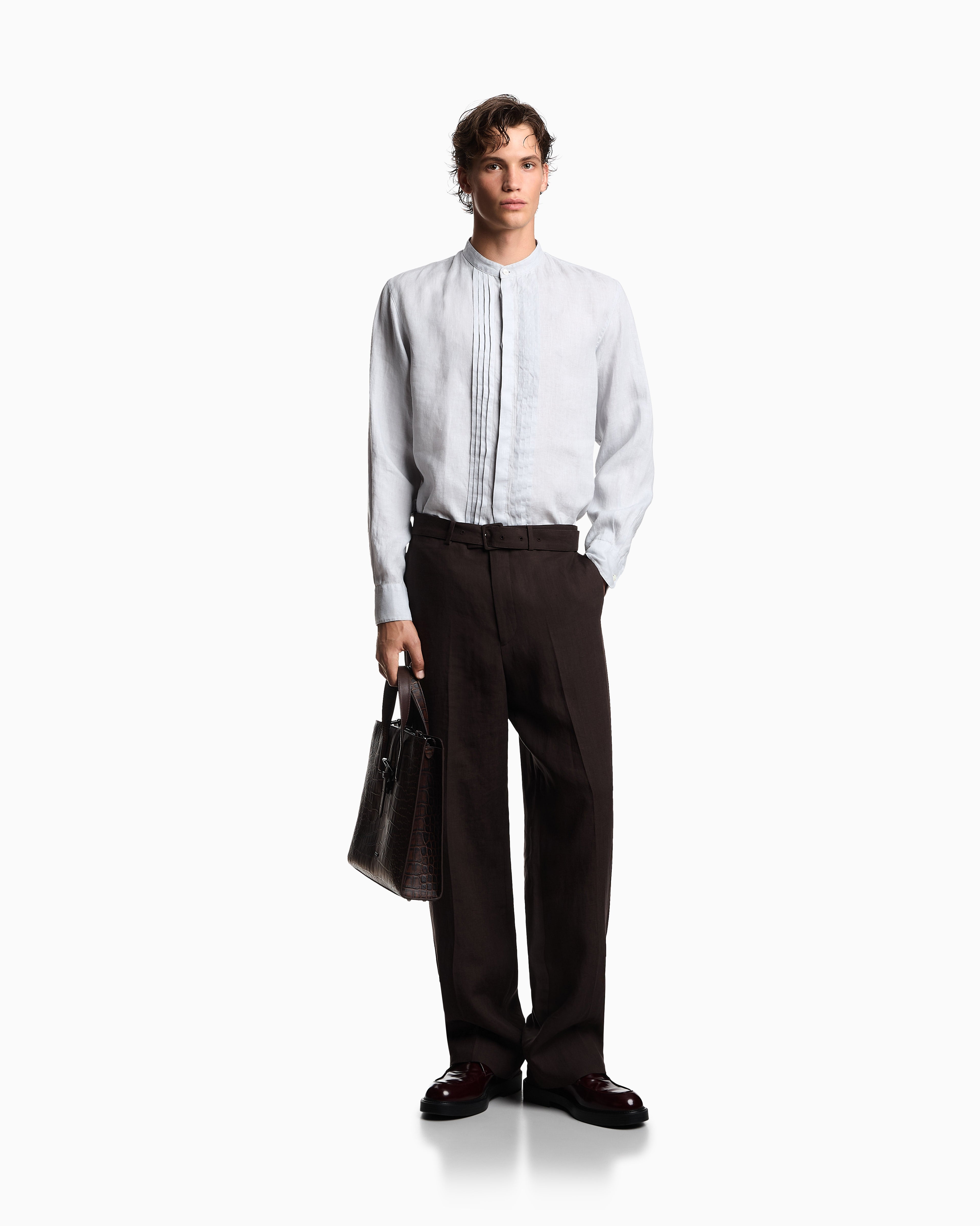 Emporio Armani Garment-dyed linen shirt with guru collar and pleated detail
