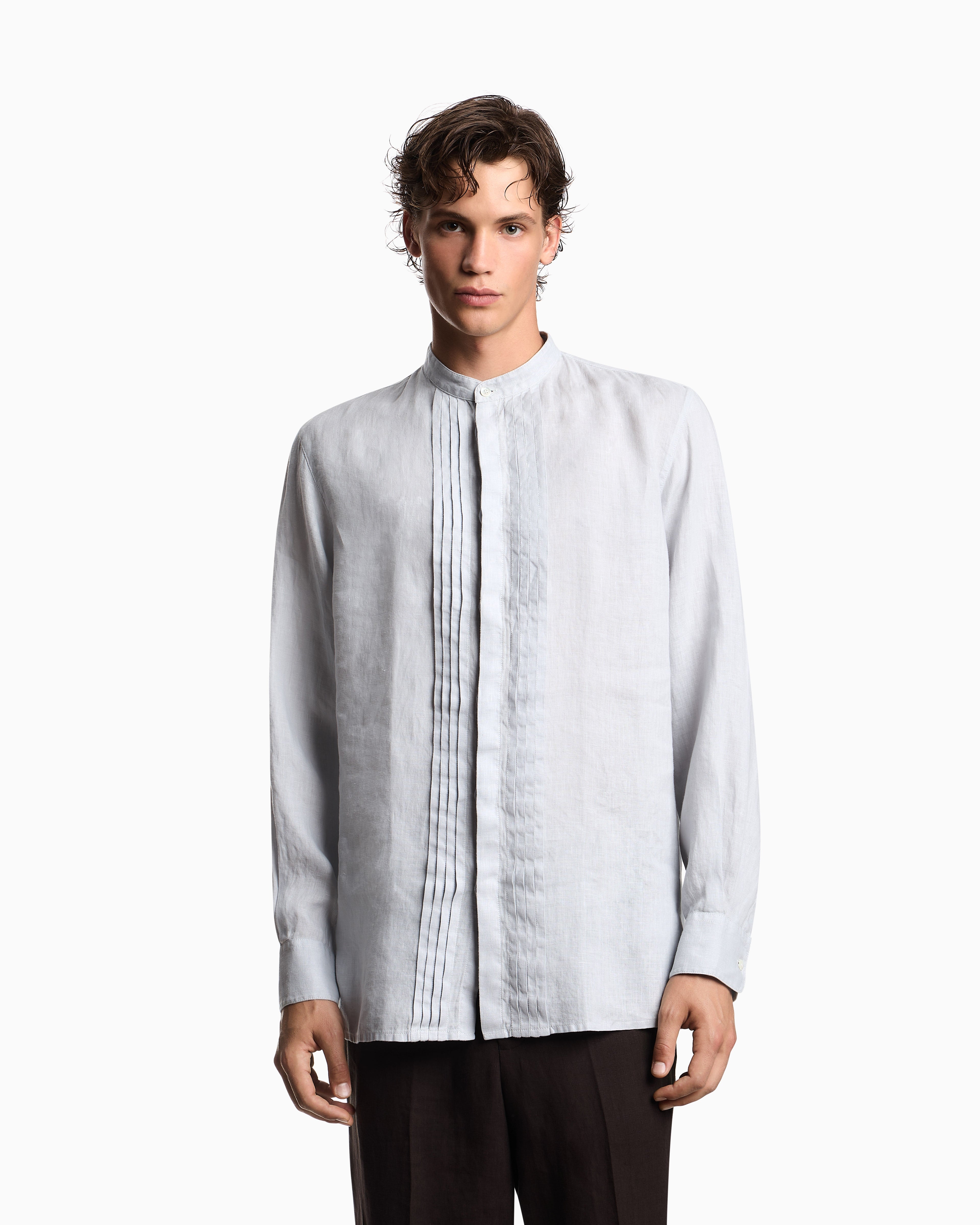 Emporio Armani Garment-dyed linen shirt with guru collar and pleated detail