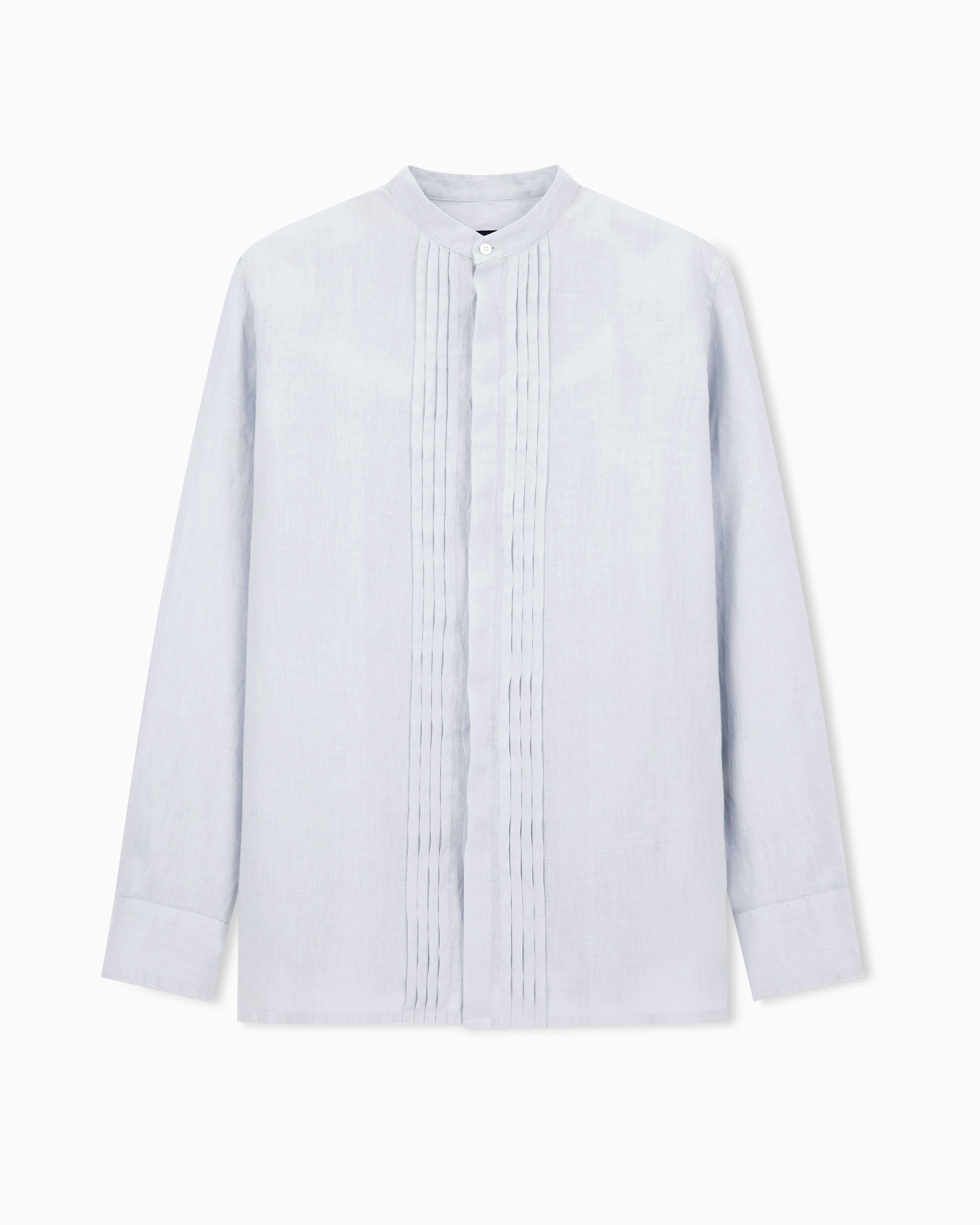 Emporio Armani Garment-dyed linen shirt with guru collar and pleated detail