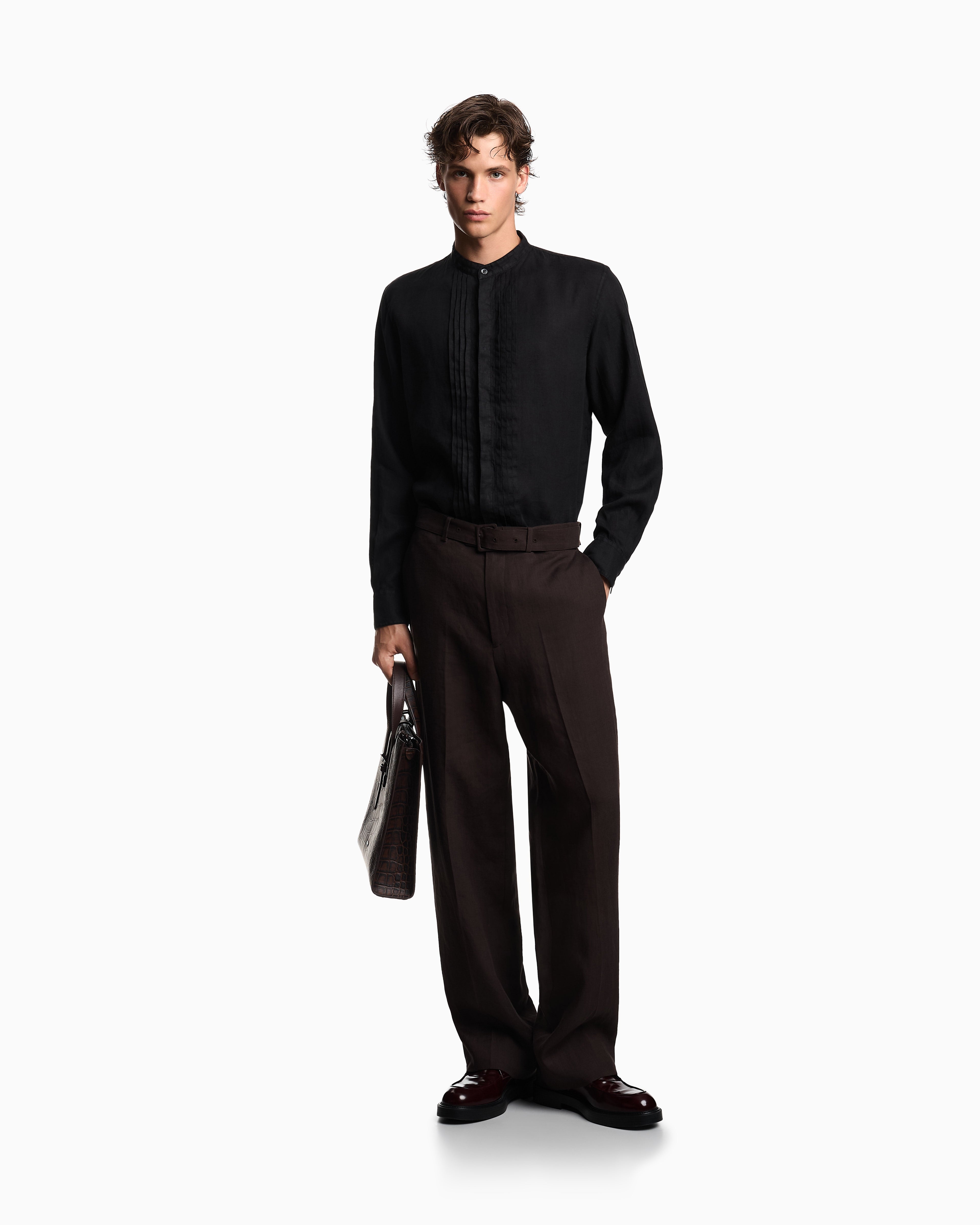 Emporio Armani Garment-dyed linen shirt with guru collar and pleated detail