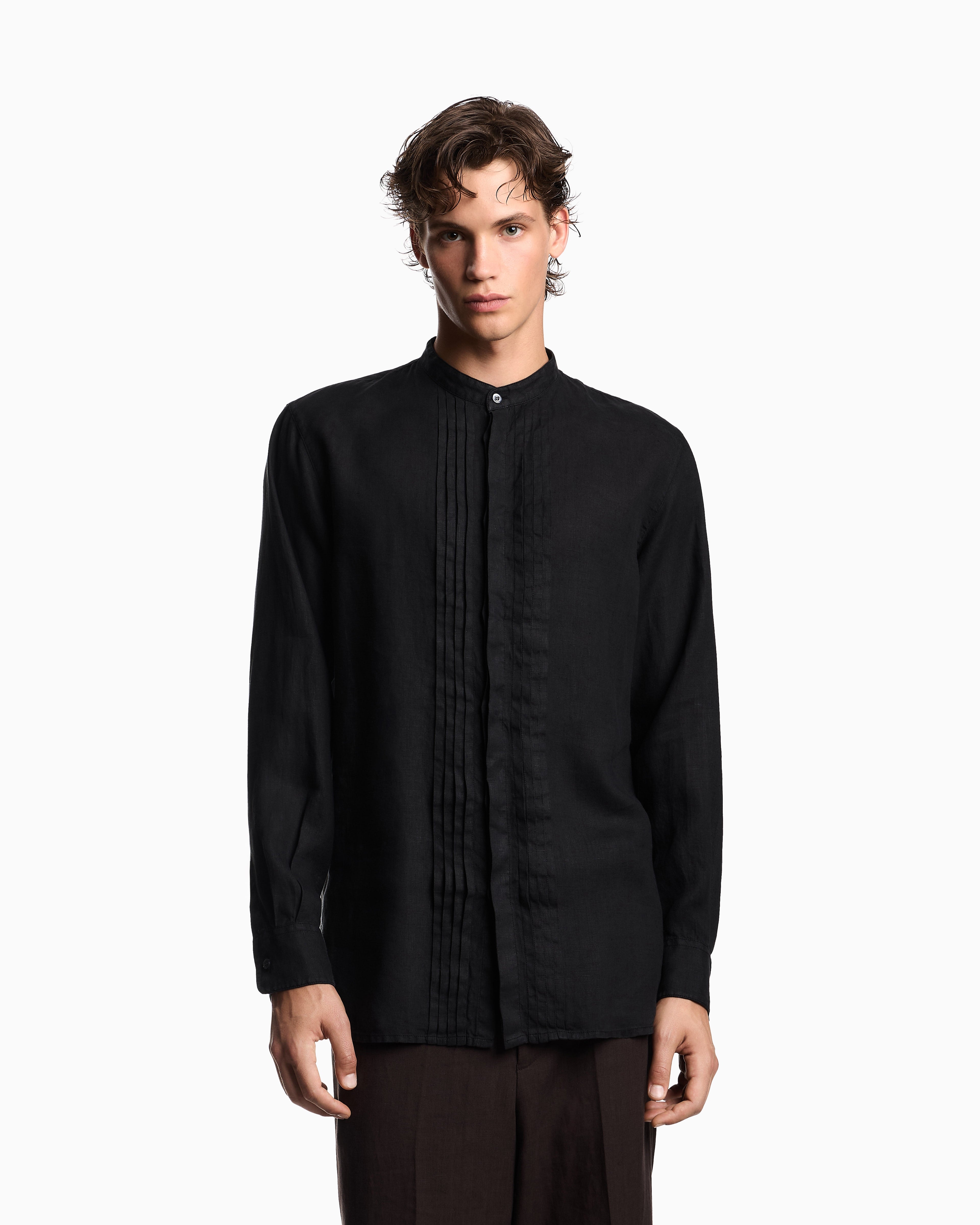Emporio Armani Garment-dyed linen shirt with guru collar and pleated detail