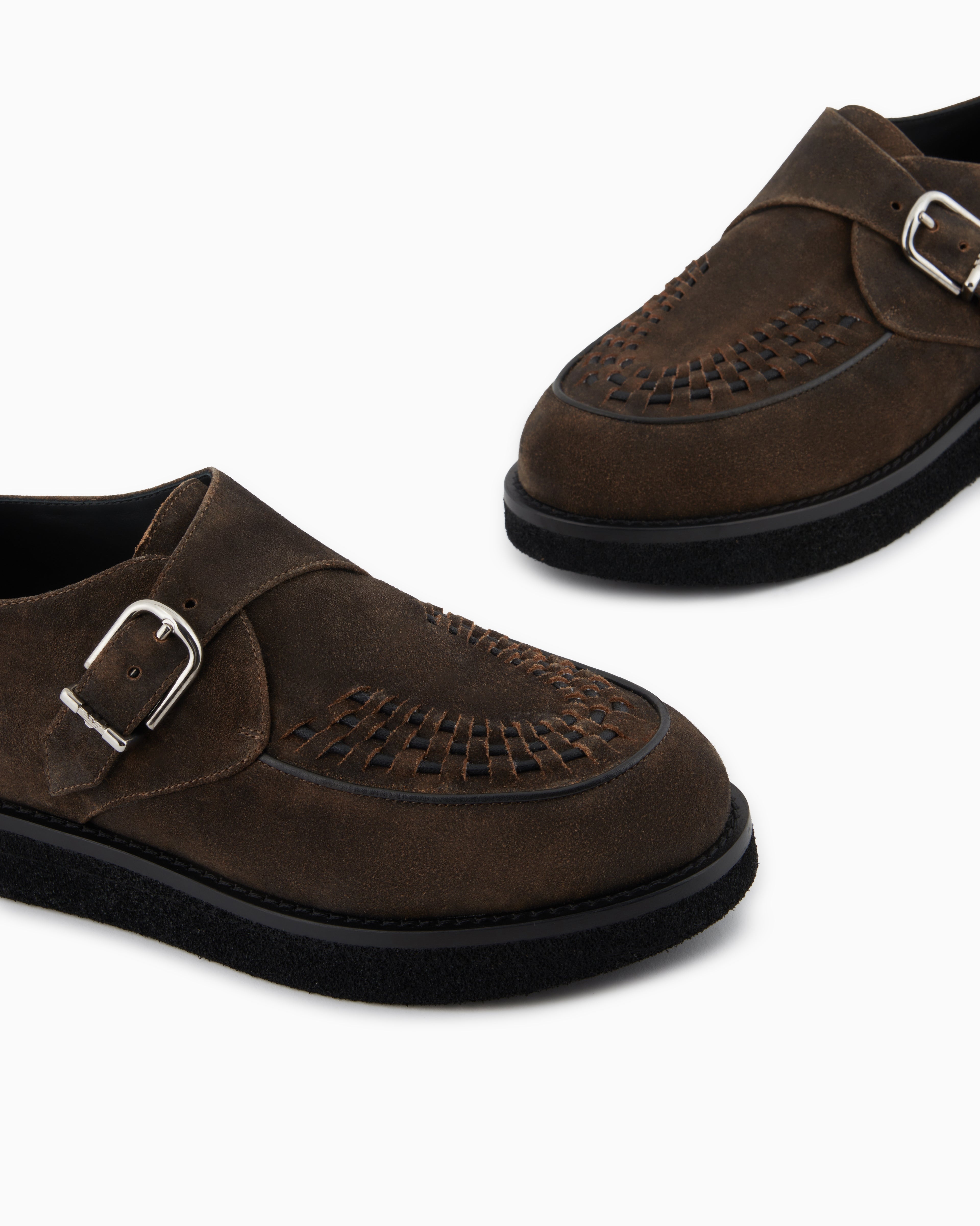 Emporio Armani New York Capsule Collection Monkstraps In Dappled Crust Leather Brown