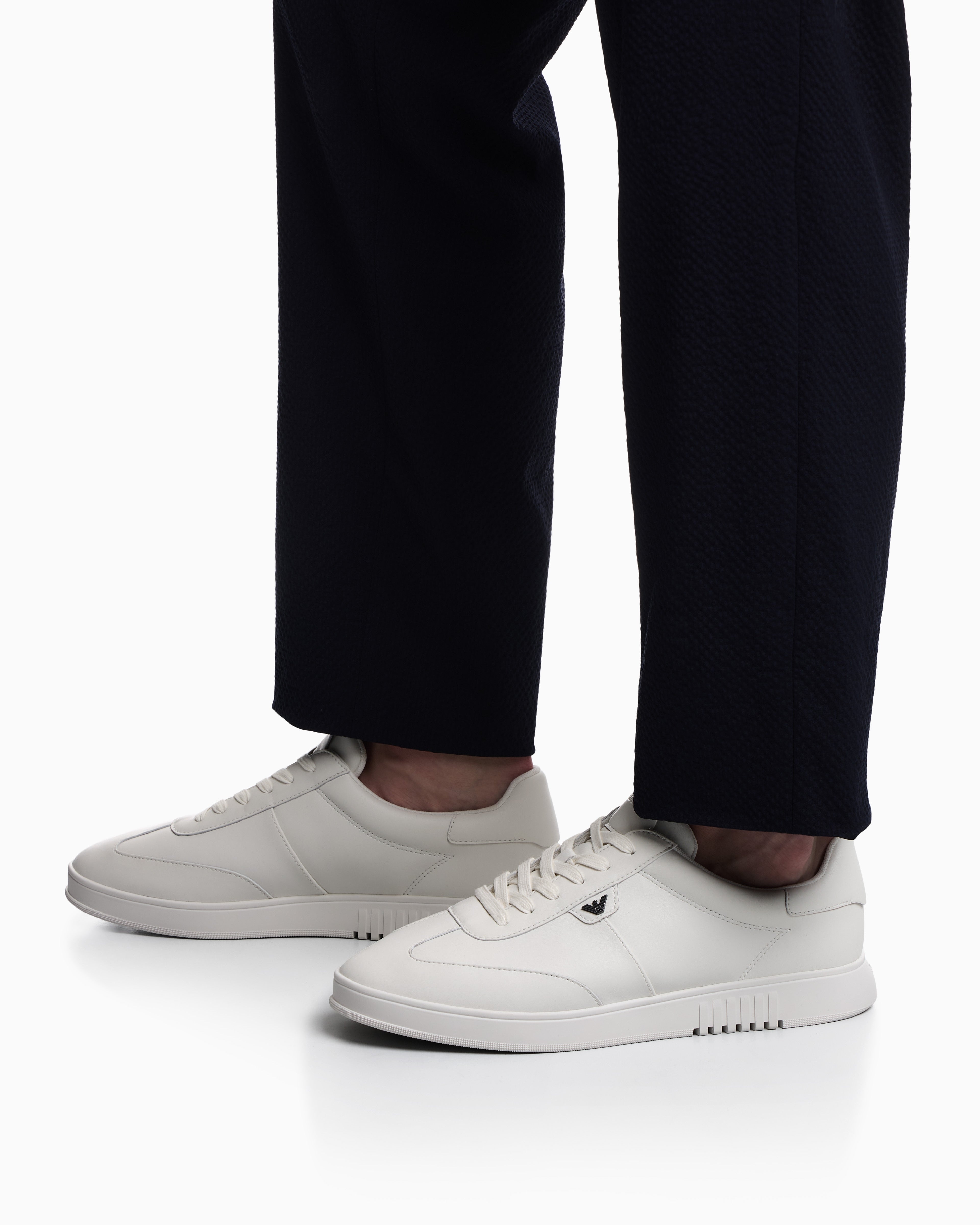 Emporio Armani Leather Sneakers With Eagle Plate White
